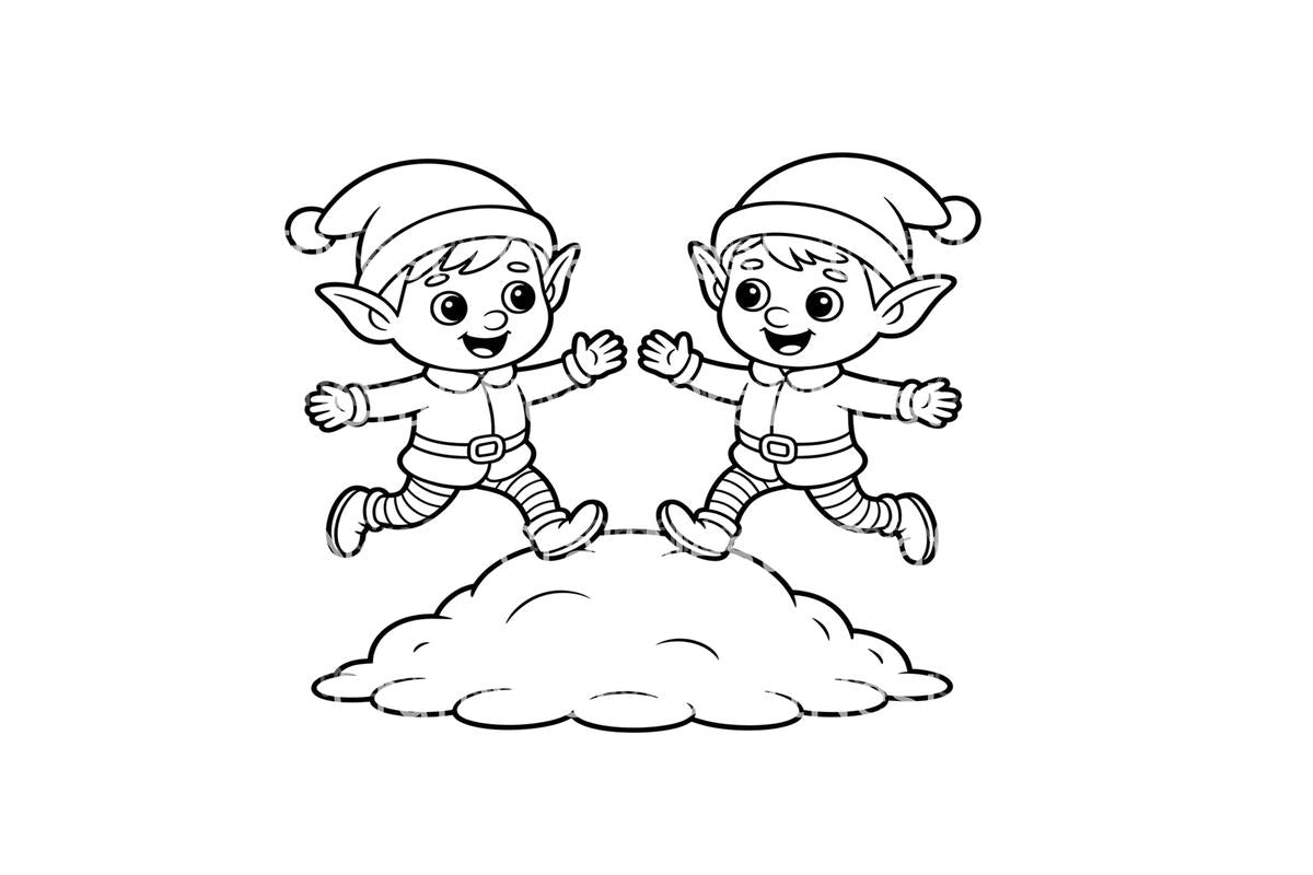 Playful Elves Jumping in Snow Coloring Books
