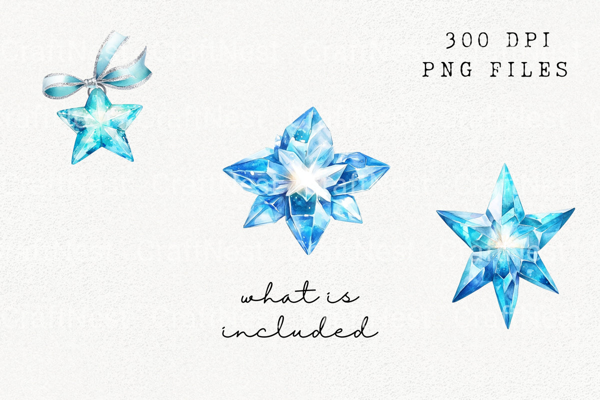 Blue Crystal Star Gem Clipart Bundle