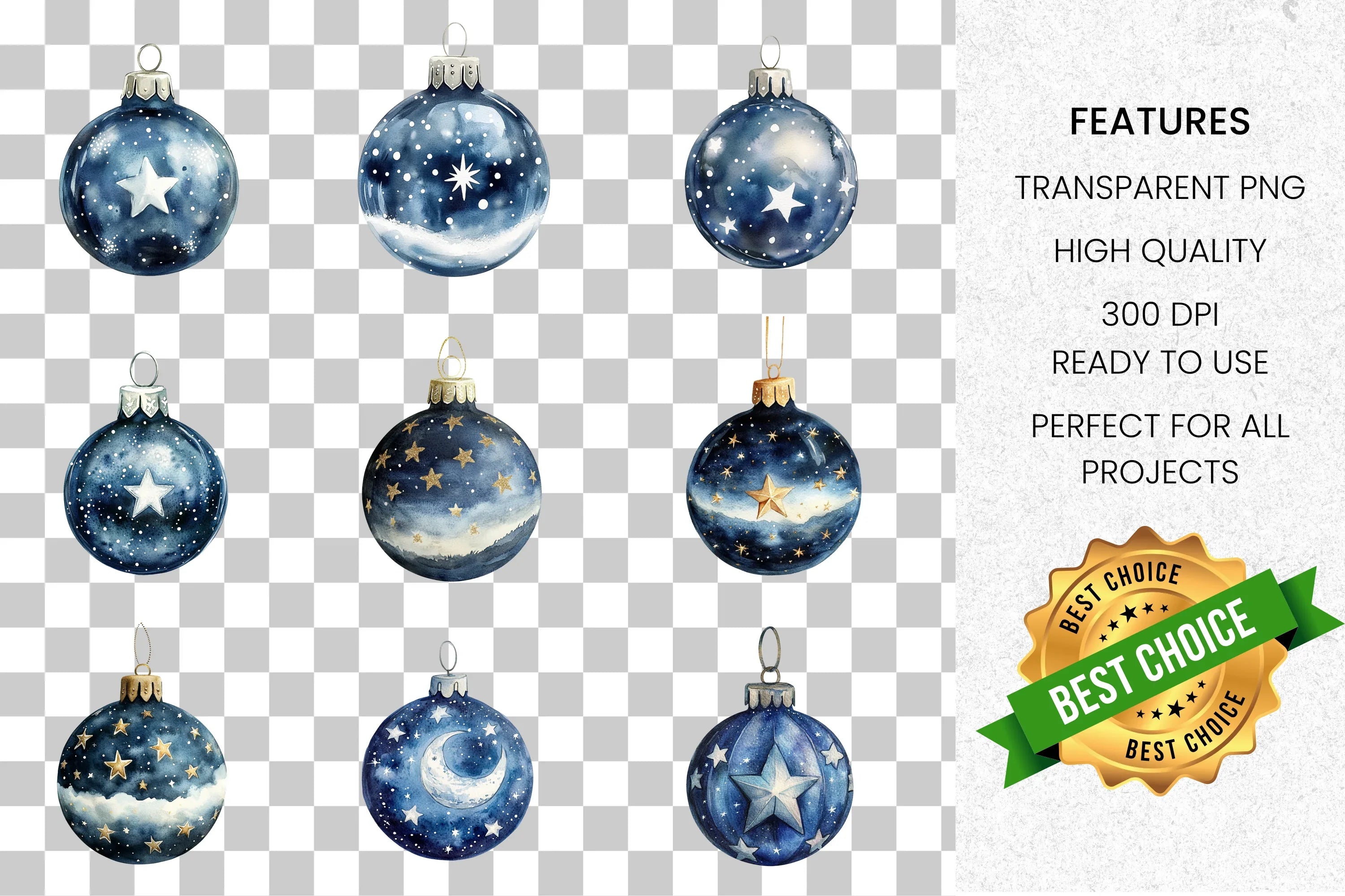 Blue Starry Christmas Ornaments Clipart Bundle