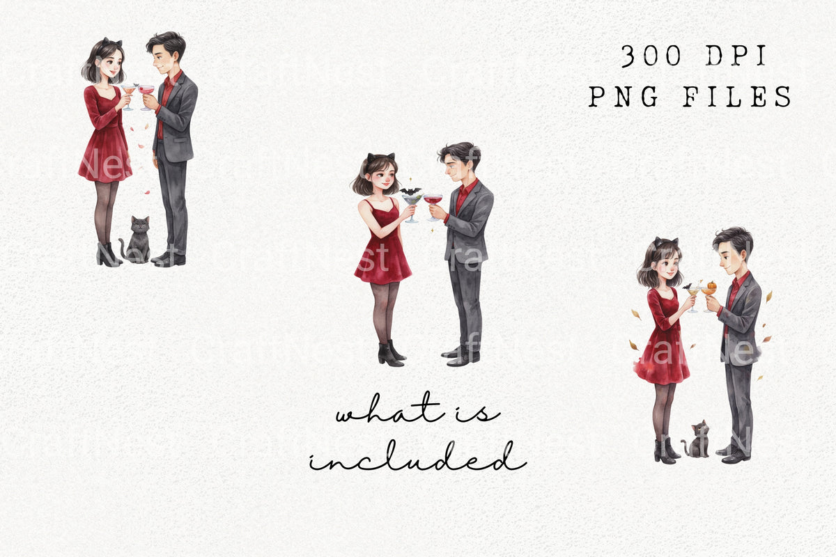 Halloween Couple With Cats Designs Clipart Bundle