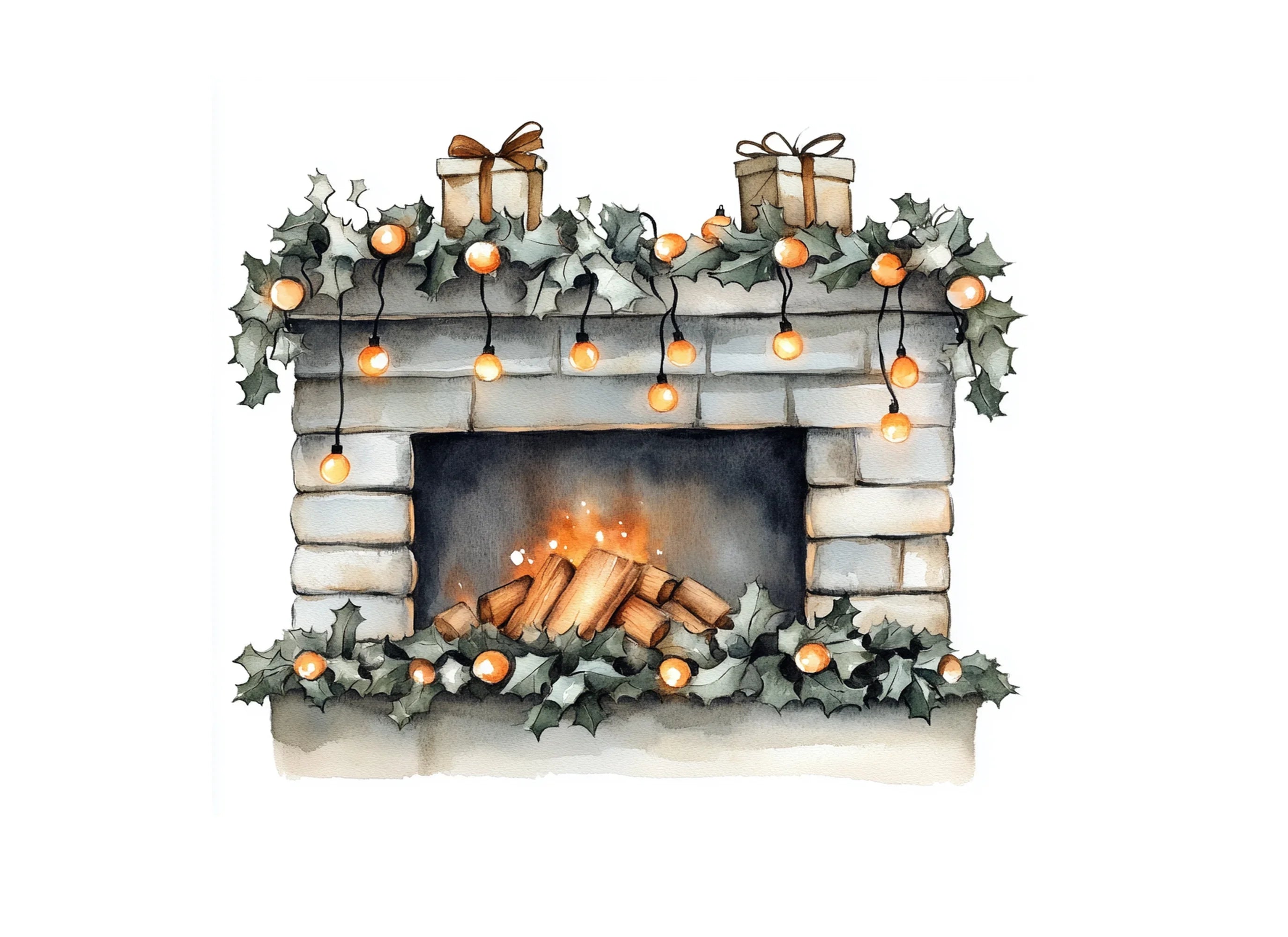 Festive Fireplace Illustrations Clipart Bundle