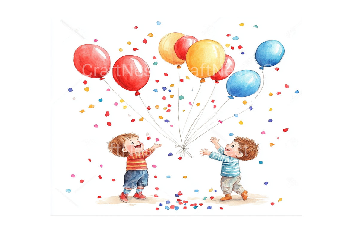 Joyful Kids With Colorful Balloons Clipart Bundle