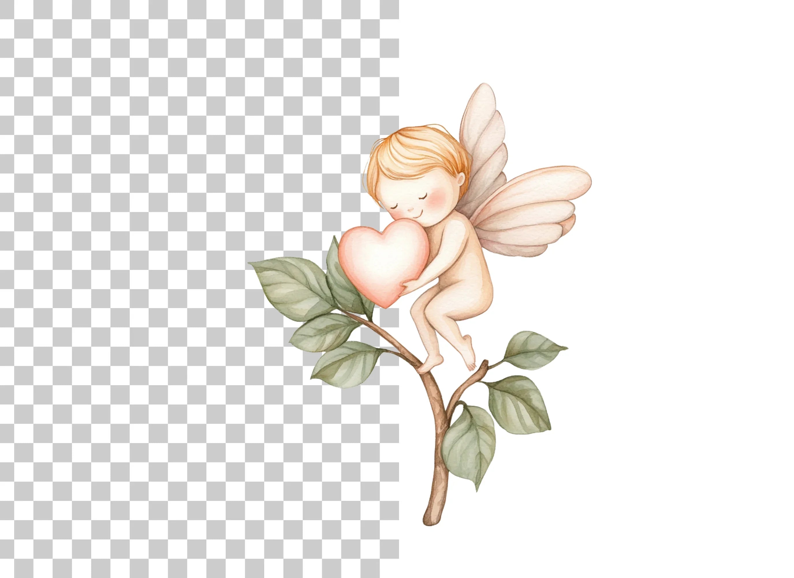 Baby Angels on Branches with Hearts Clipart Bundle