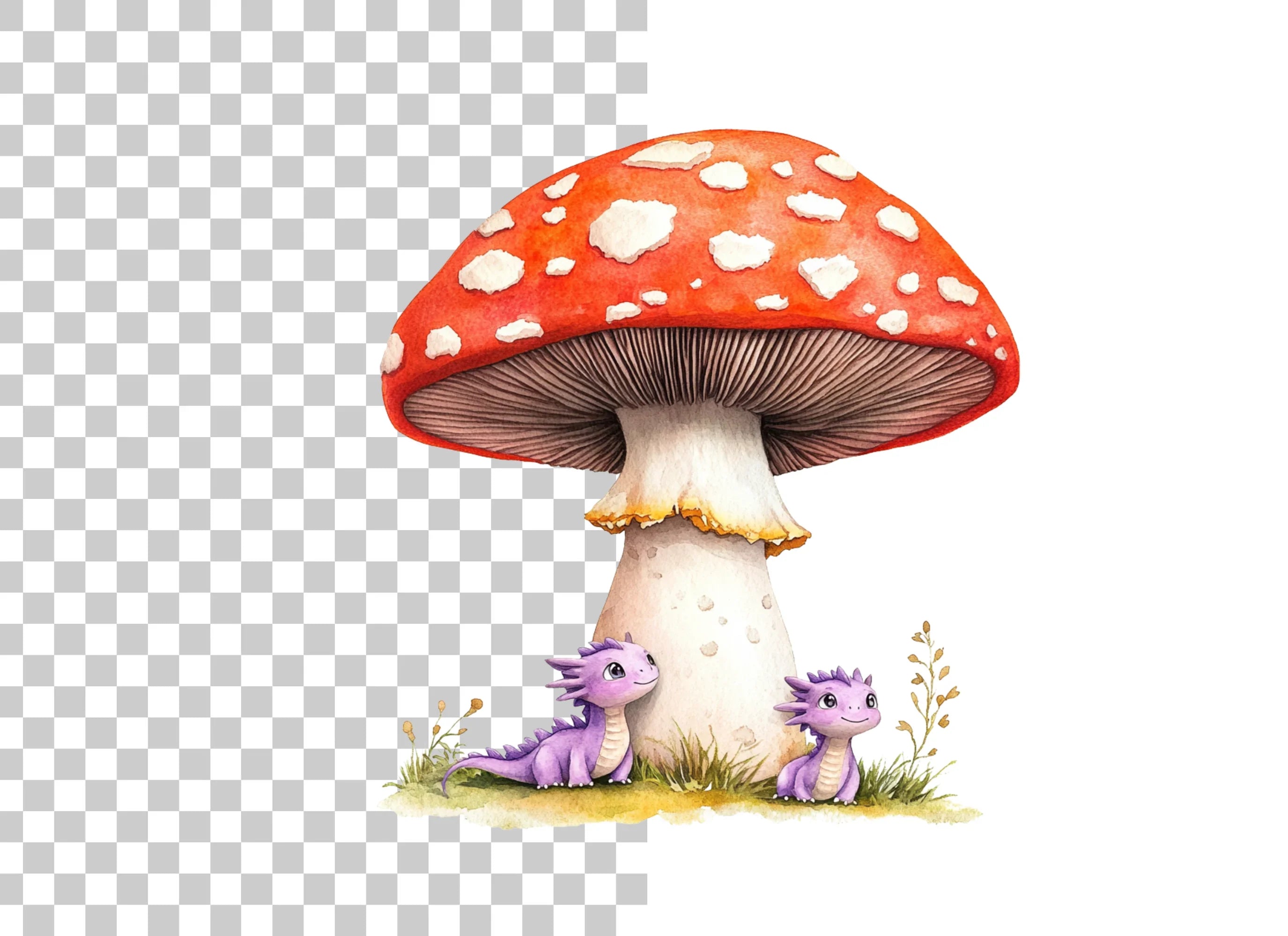 Tiny Dragons Under Mushroom Clipart Bundle