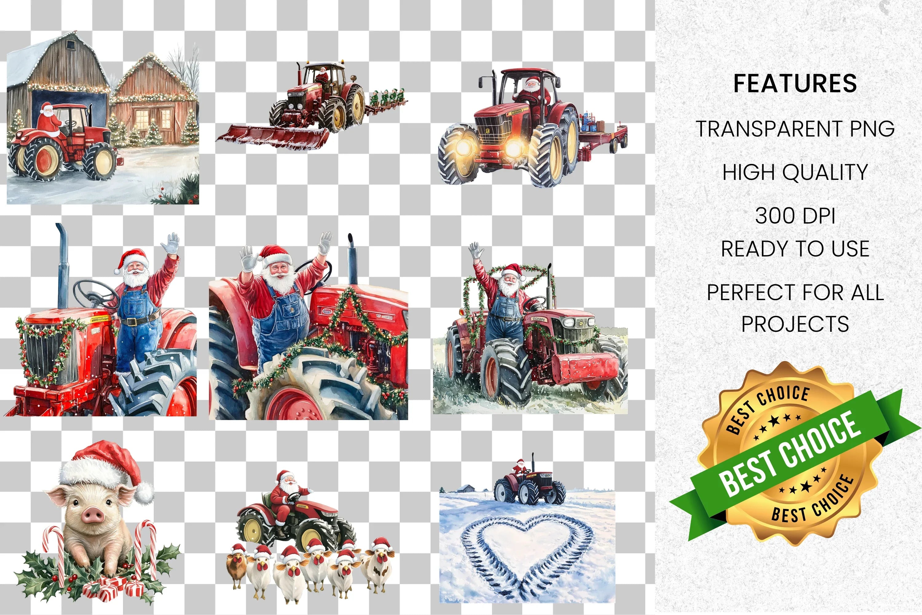 Christmas Piglet Santa Tractor Clipart Bundle