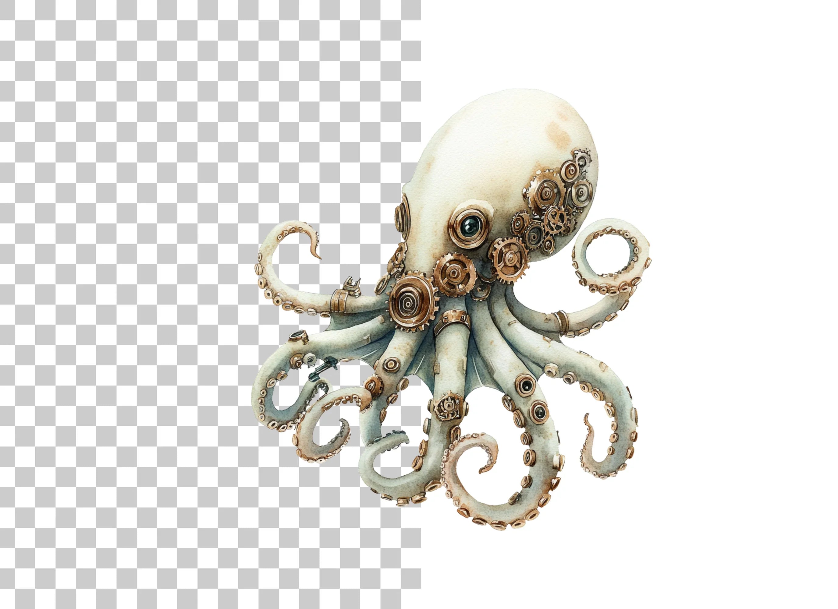 White Steampunk Octopus Clipart Bundle