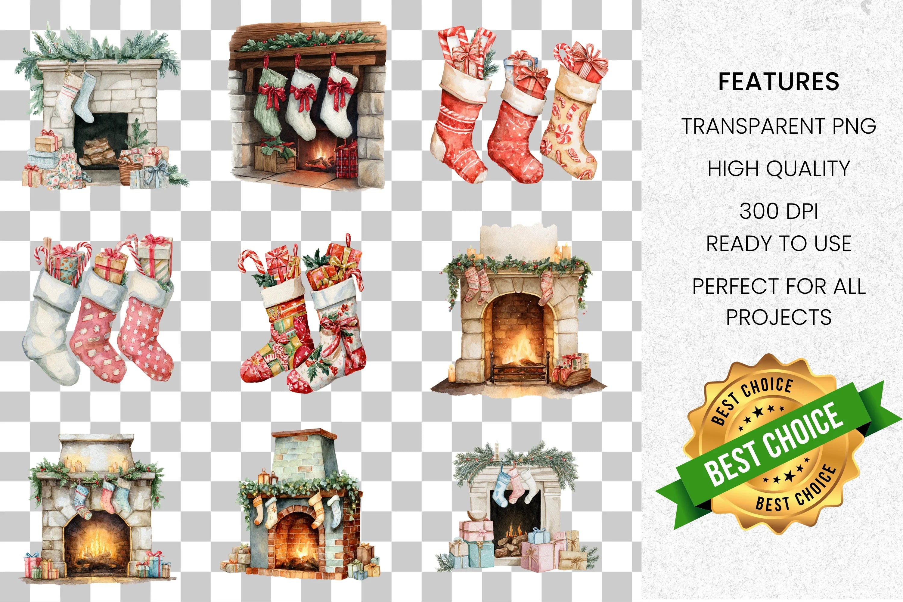 Christmas Fireplace and Stockings Clipart Bundle