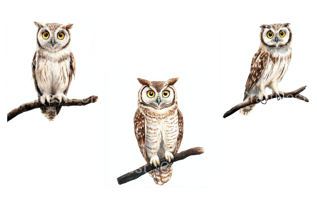 Wise Owls On Branches Clipart Bundle