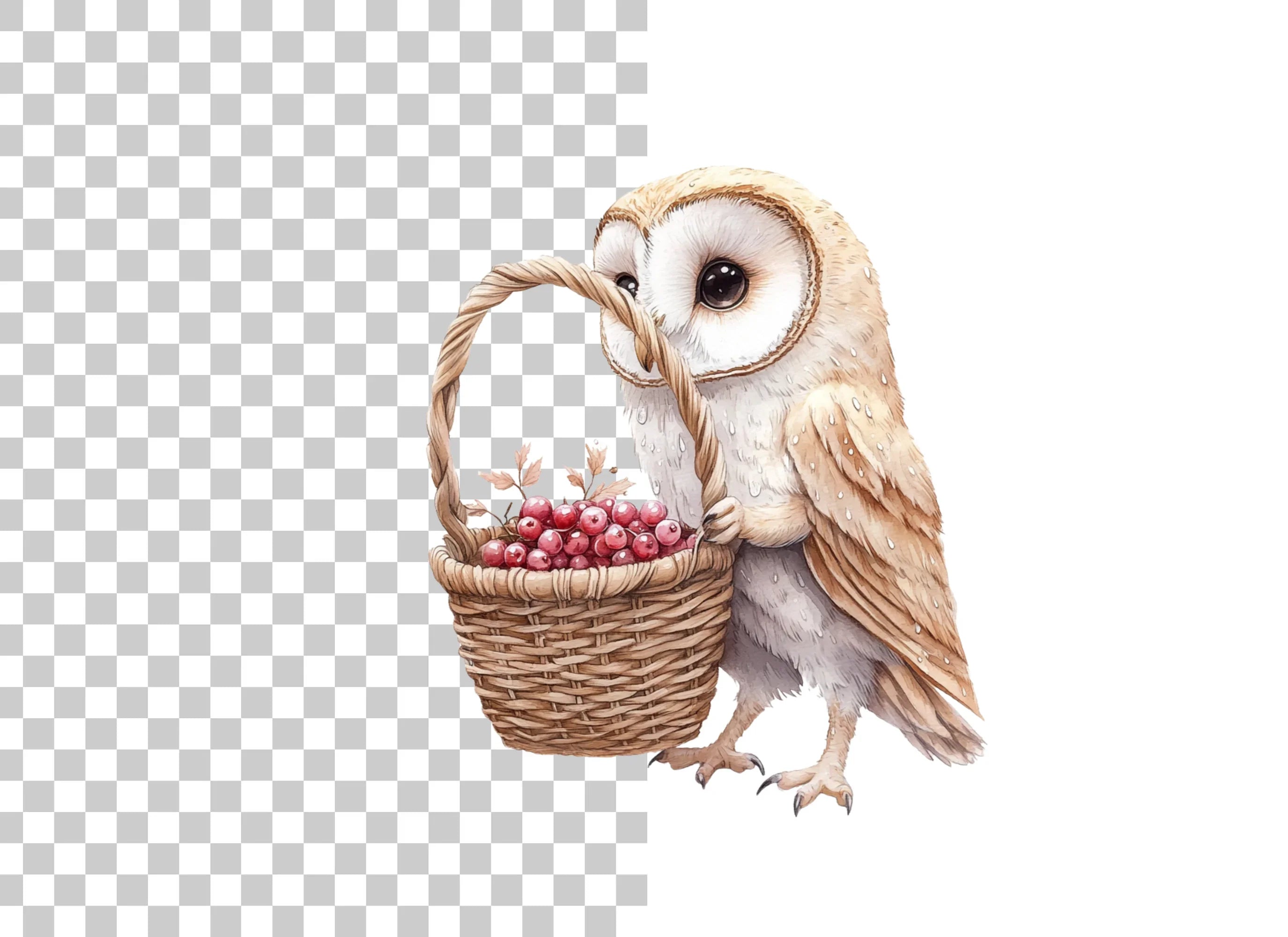 Cute Barn Owl with Berry Basket Clipart Bundle
