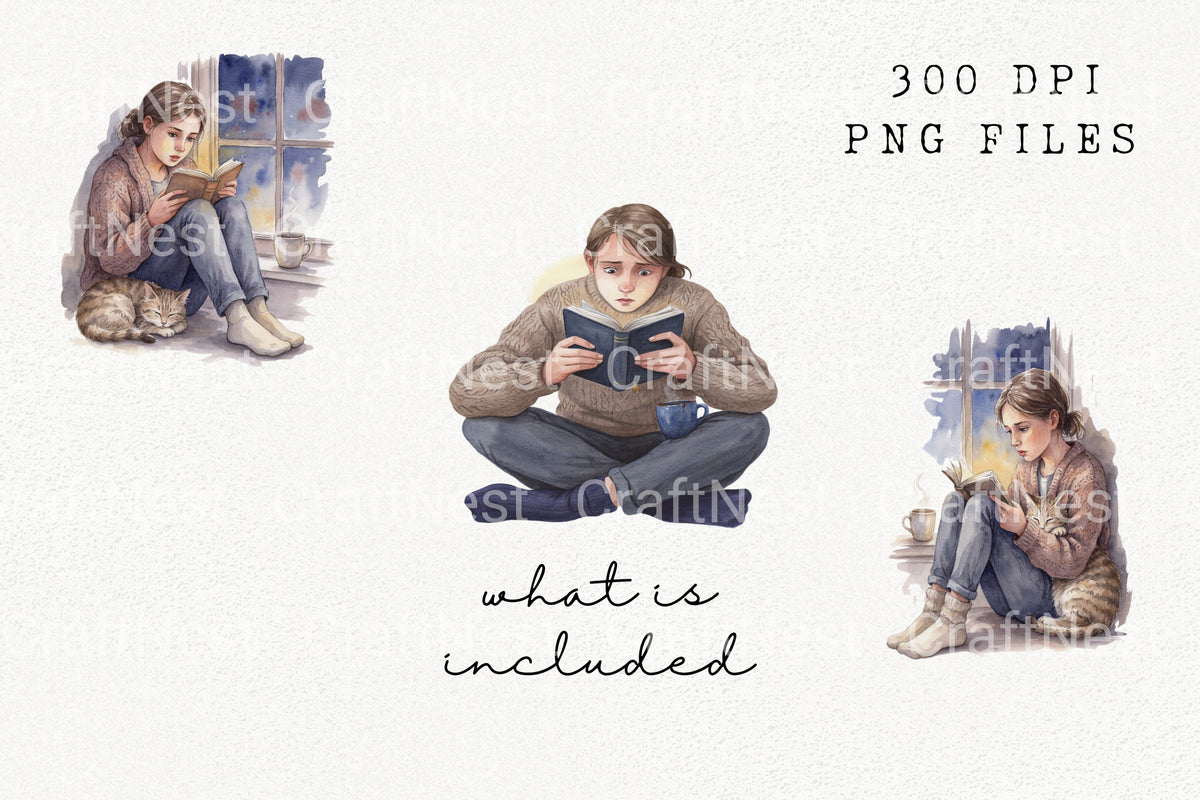 Cozy Reading Girl Cat Artwork Clipart Bundle