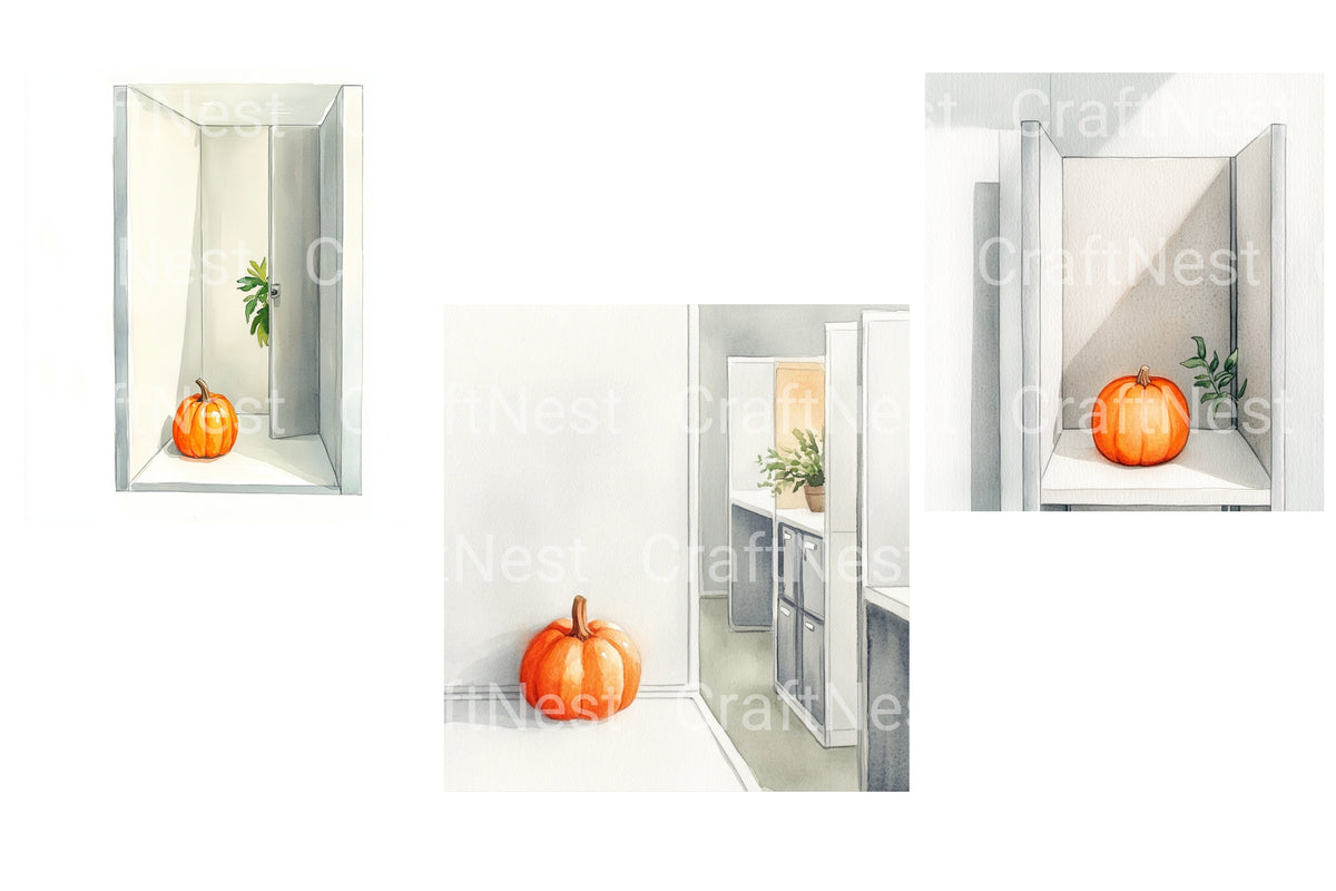 Minimalist Office Pumpkin Decor Watercolor Clipart Planner