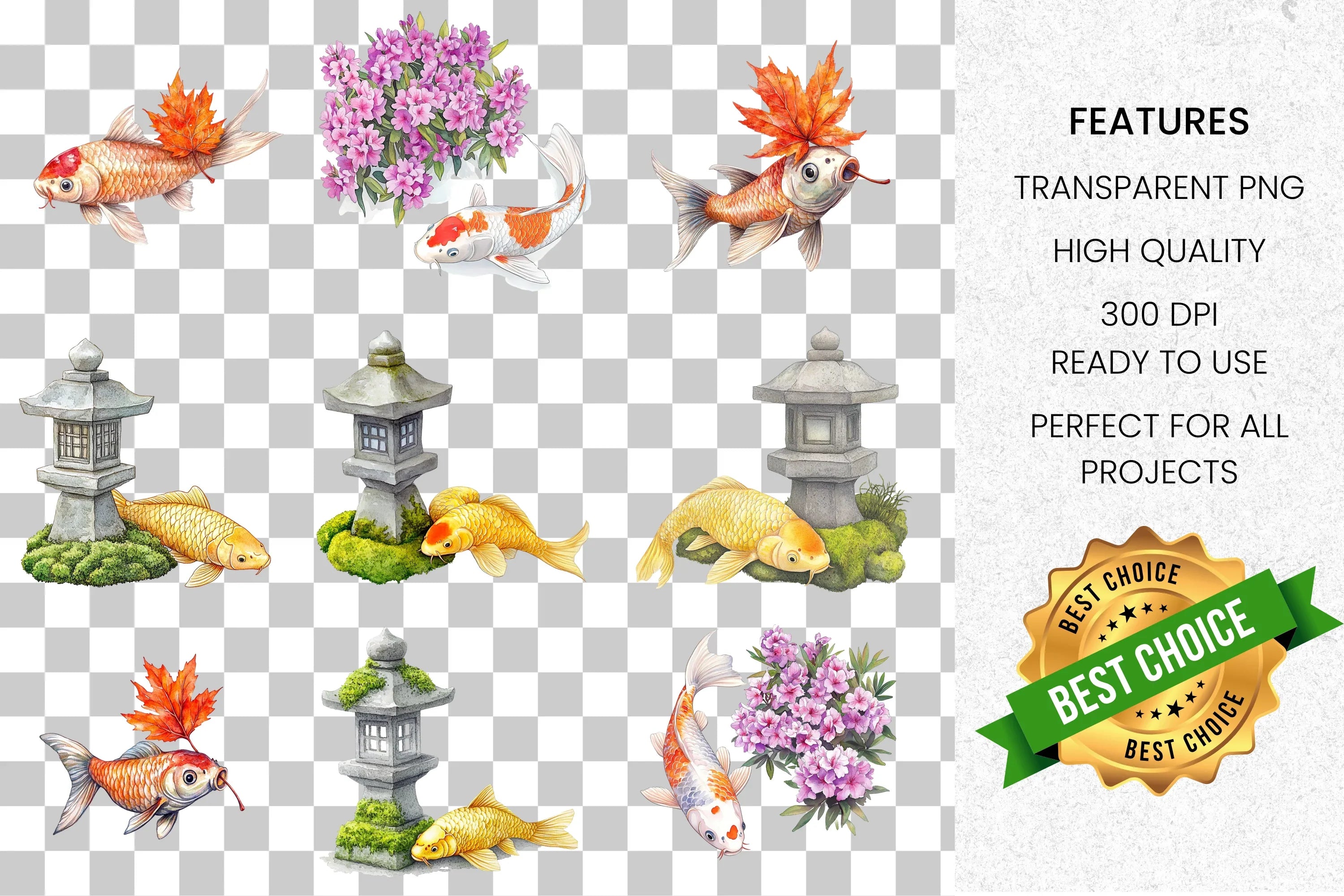 Koi Fish Lantern Clipart Bundle