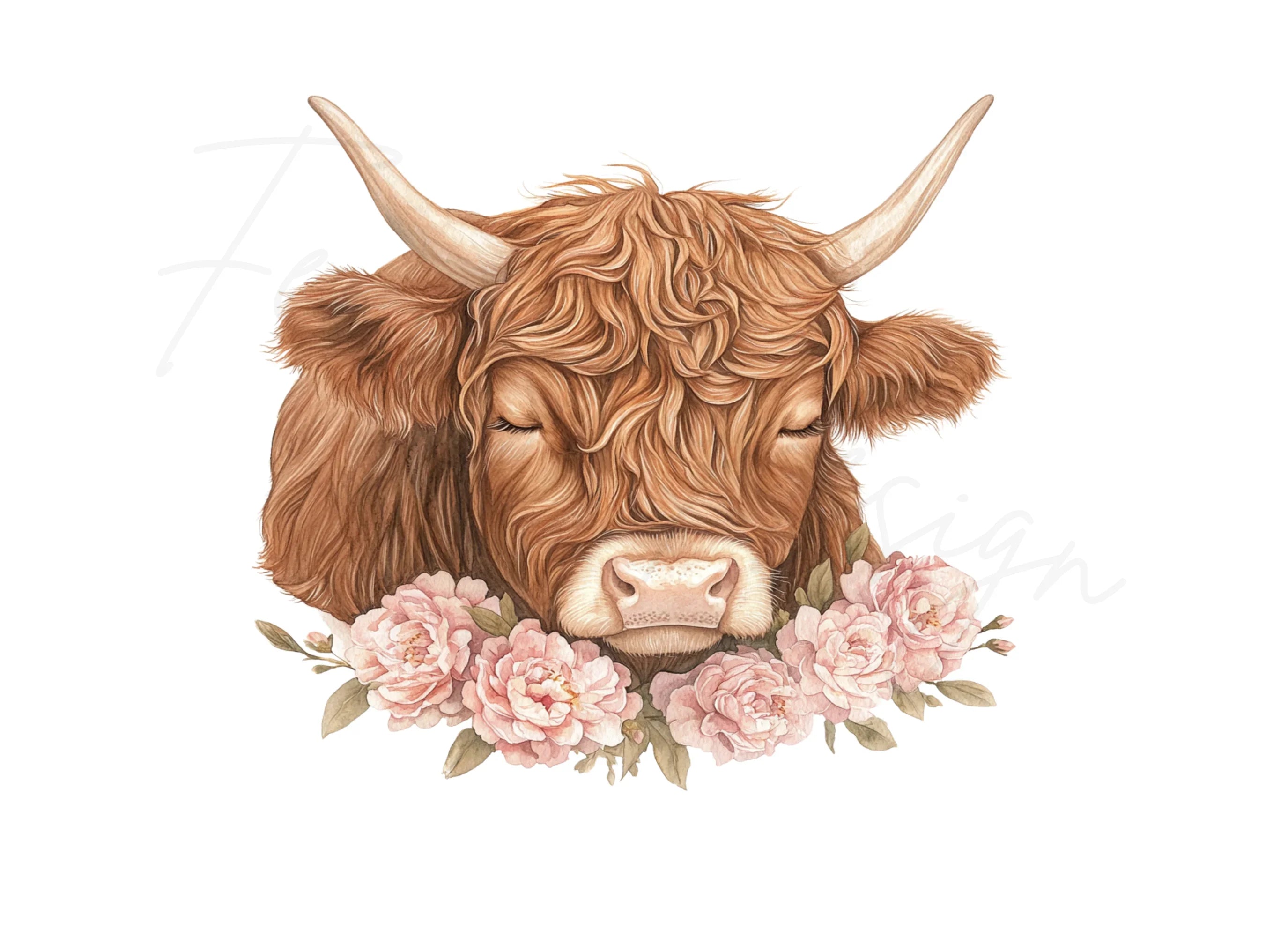 Highland Cow with Pink Peonies Clipart Bundle
