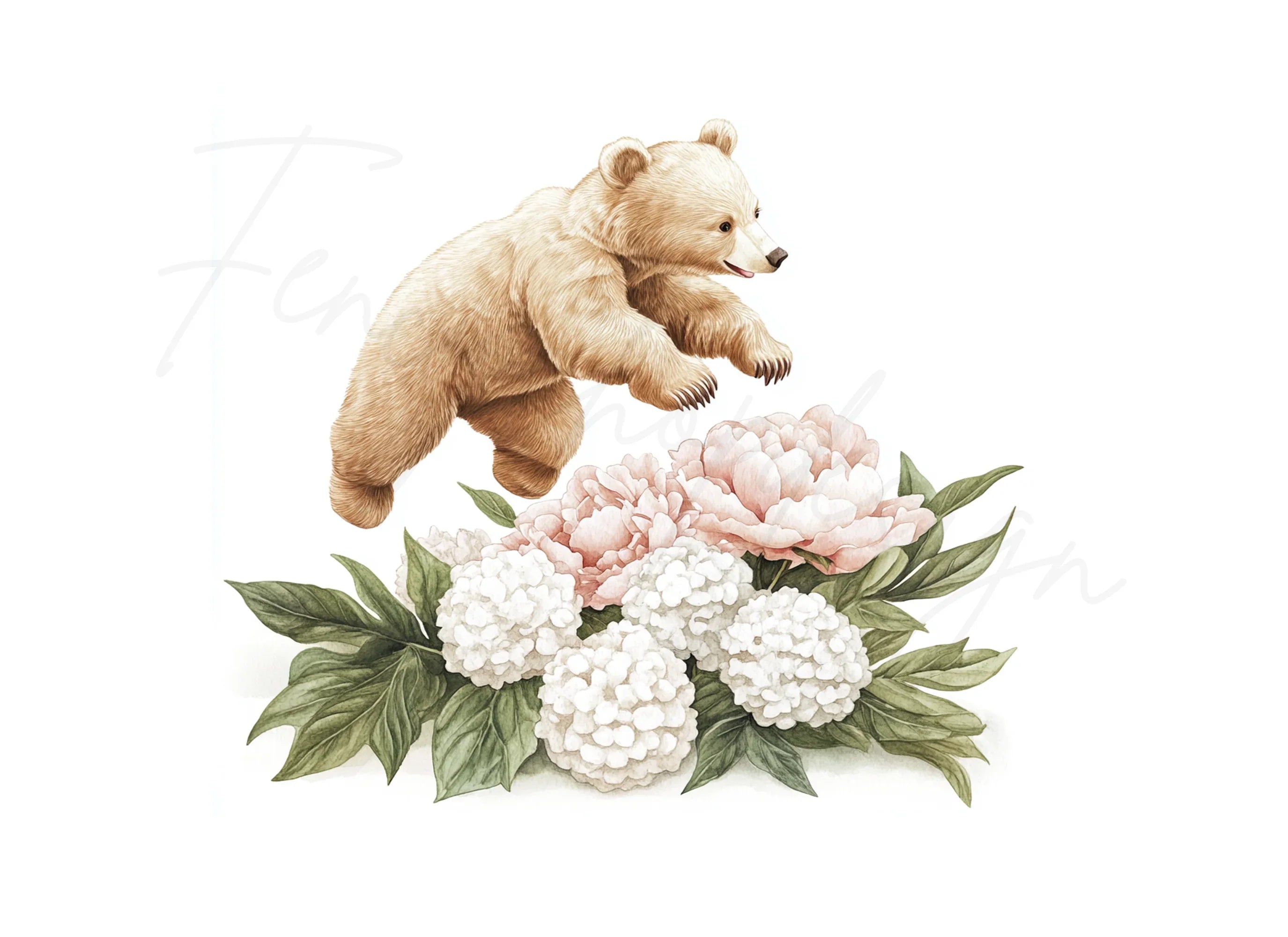 Playful Bear Cubs with Peony Flowers Clipart Bundle