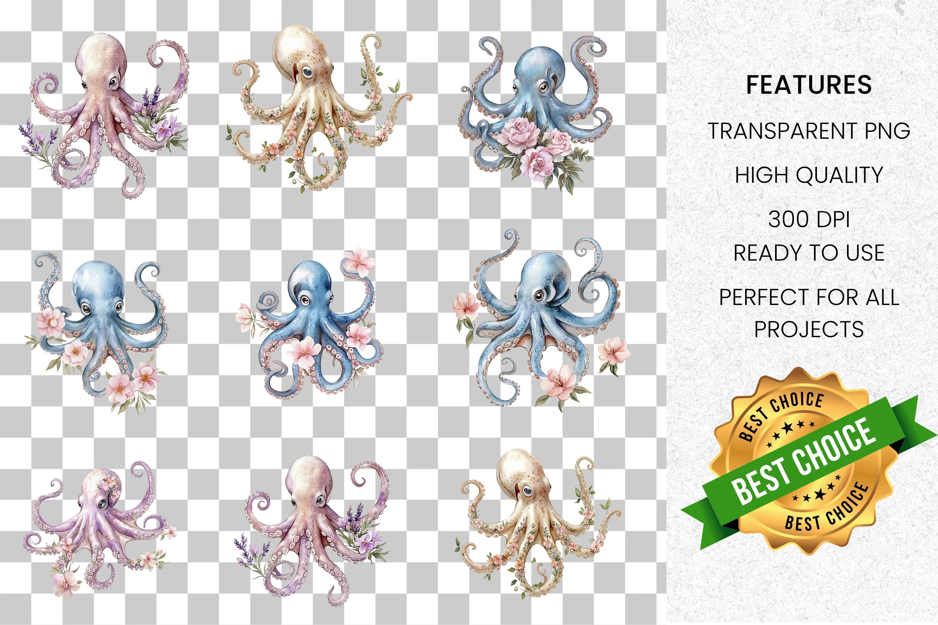Octopus with Flowers Clipart Bundle