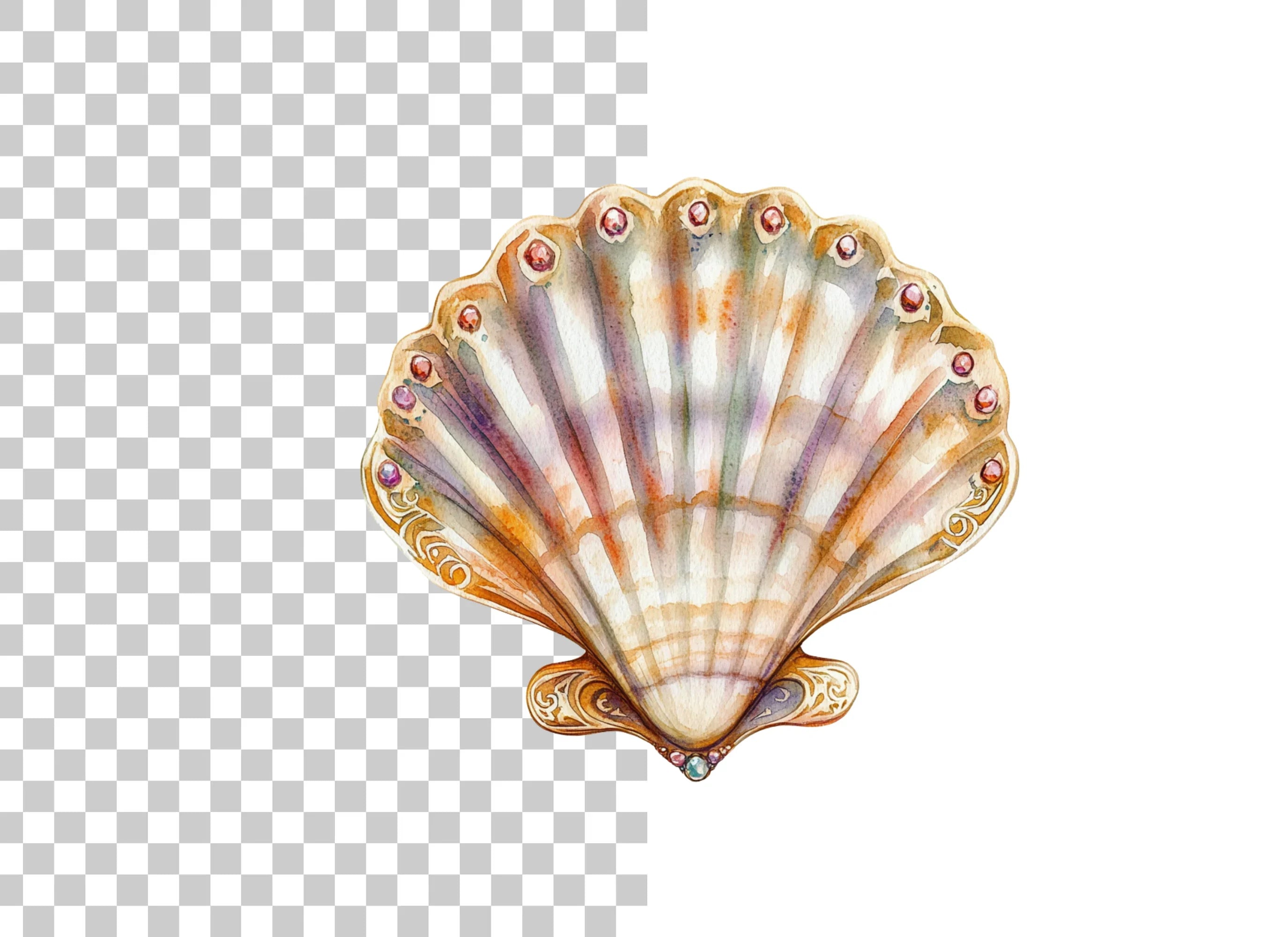 Ornate Scallop Shells with Jewels Clipart Bundle