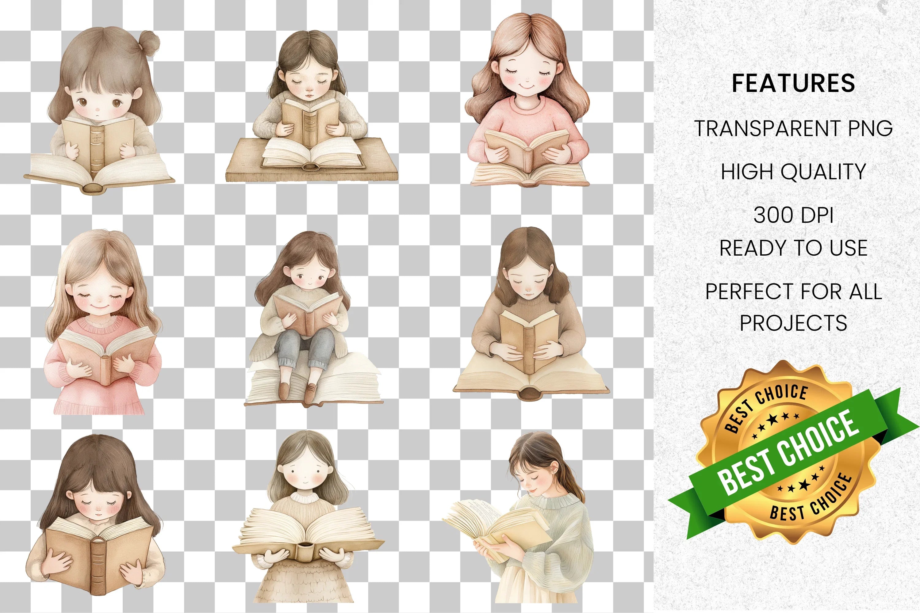 Cozy Girls Reading Books Clipart Bundle