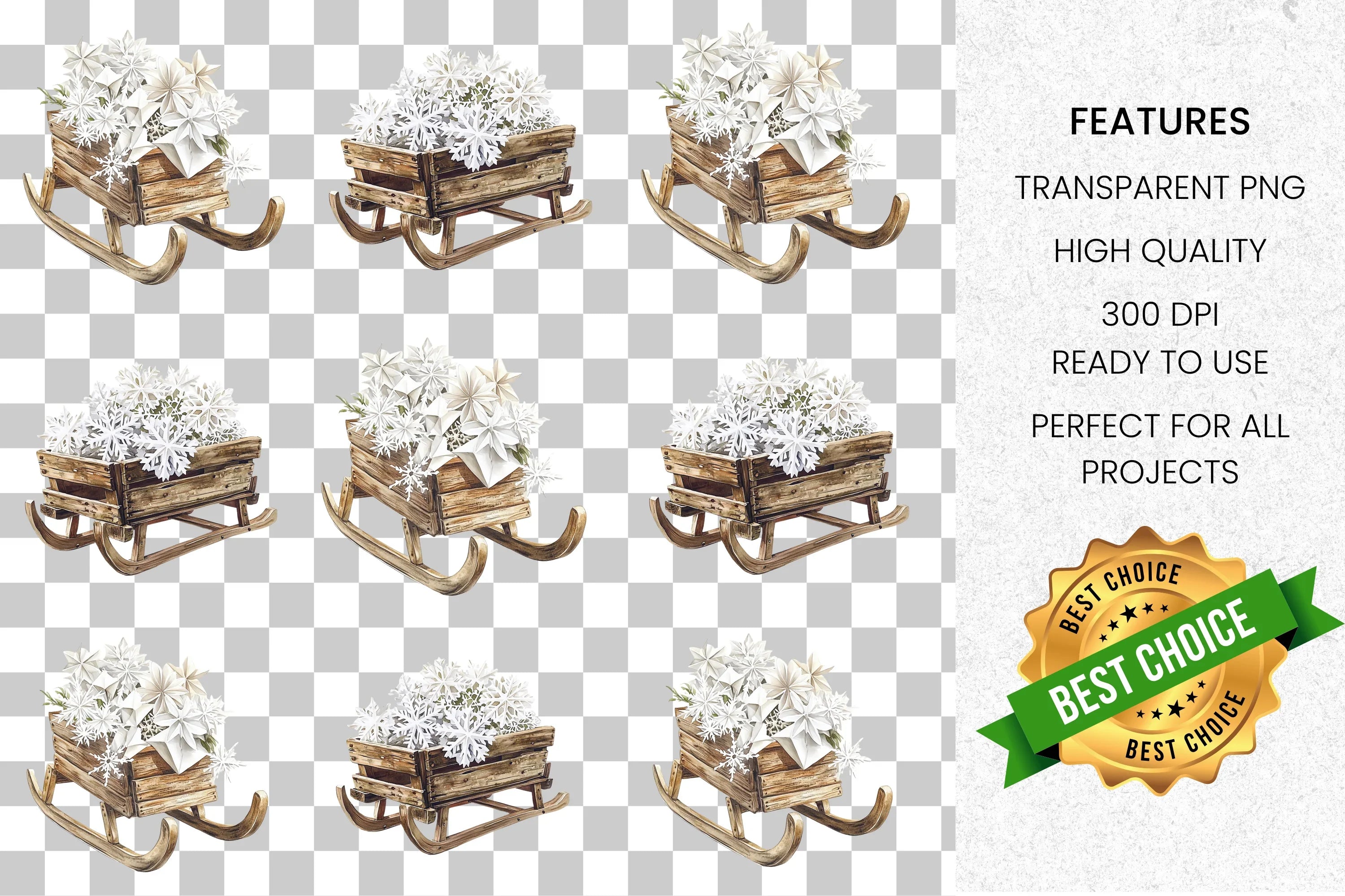 Festive Sleighs with Snowflakes Clipart Bundle