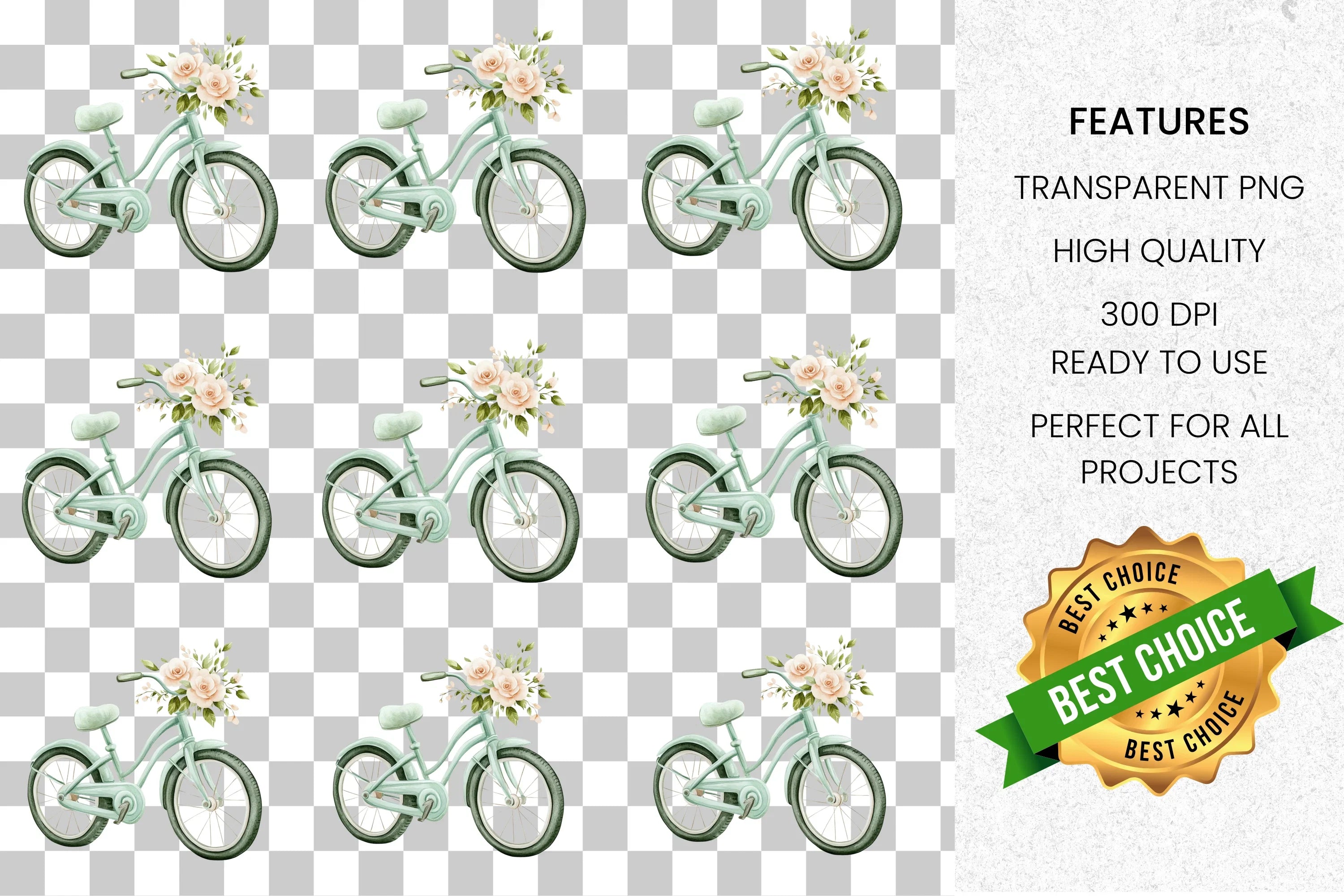 Vintage Bike Floral Basket Clipart Bundle