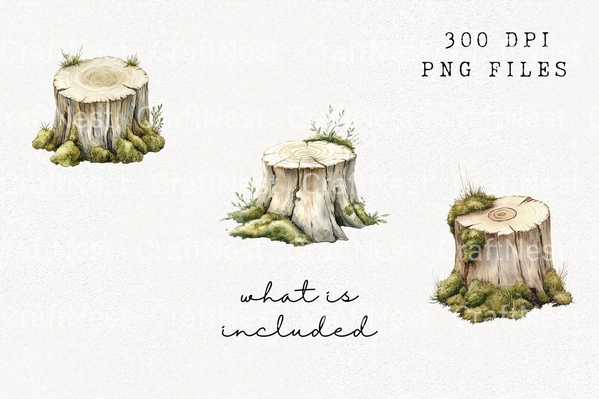 Mossy Tree Stump Designs Clipart Bundle