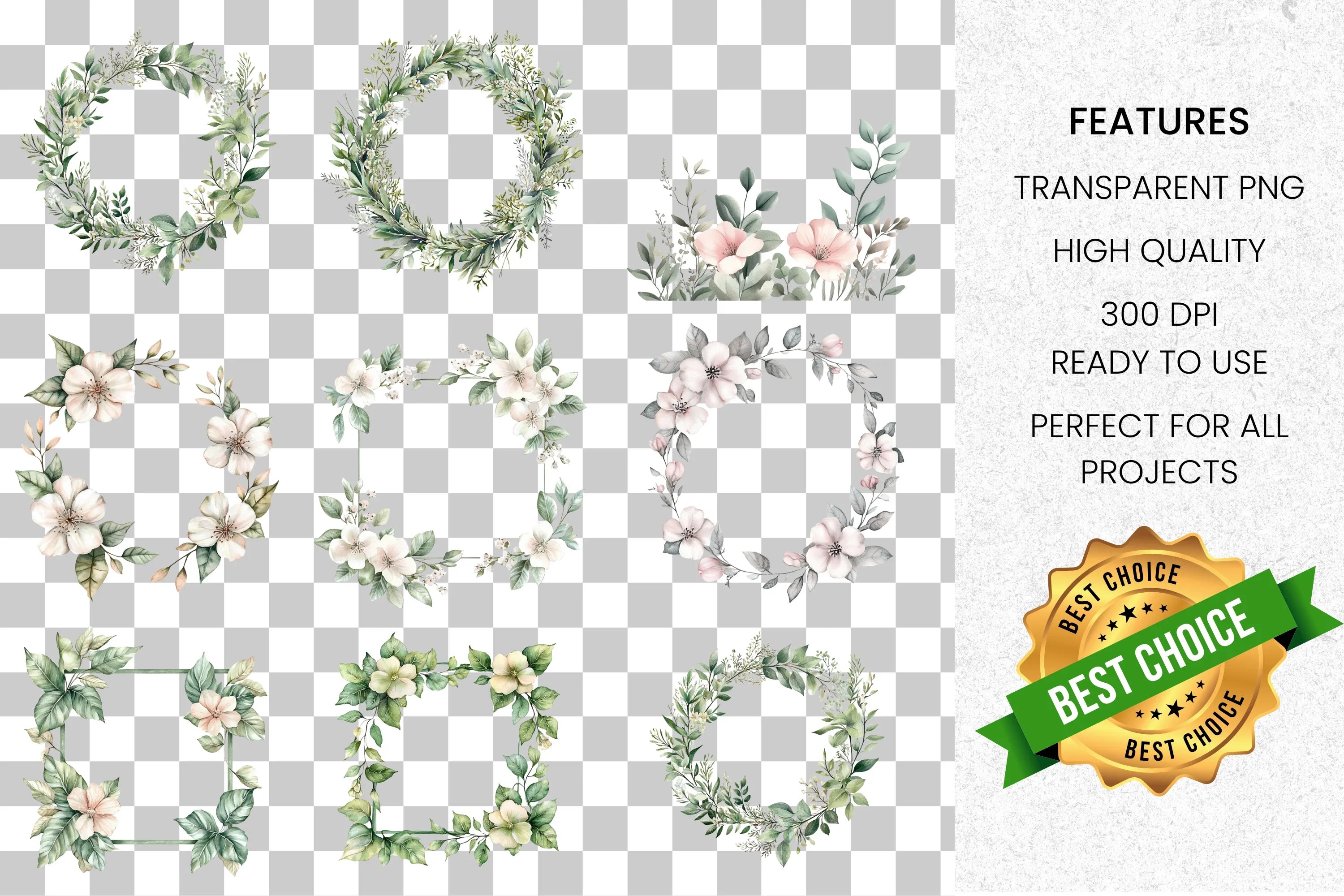 Floral Greenery Frames Clipart Bundle
