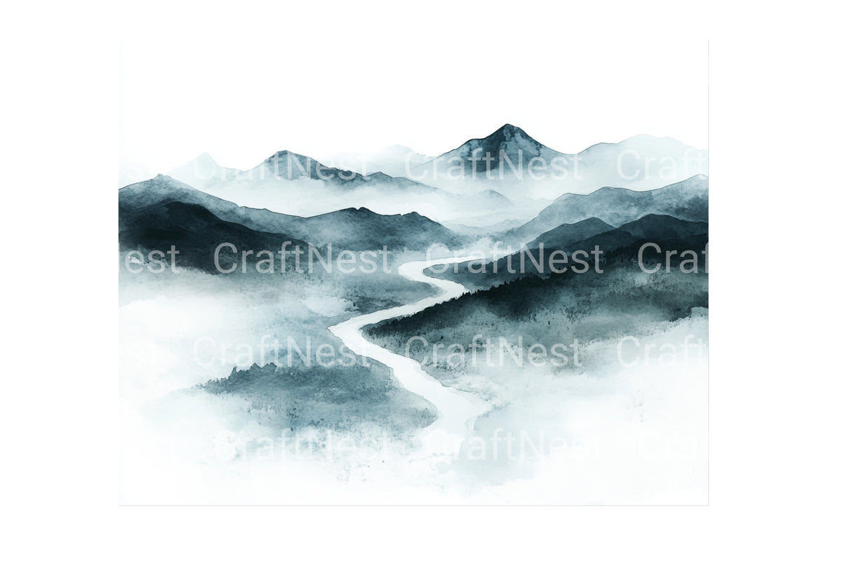 Misty River Mountain Landscape Graphics Clipart Bundle