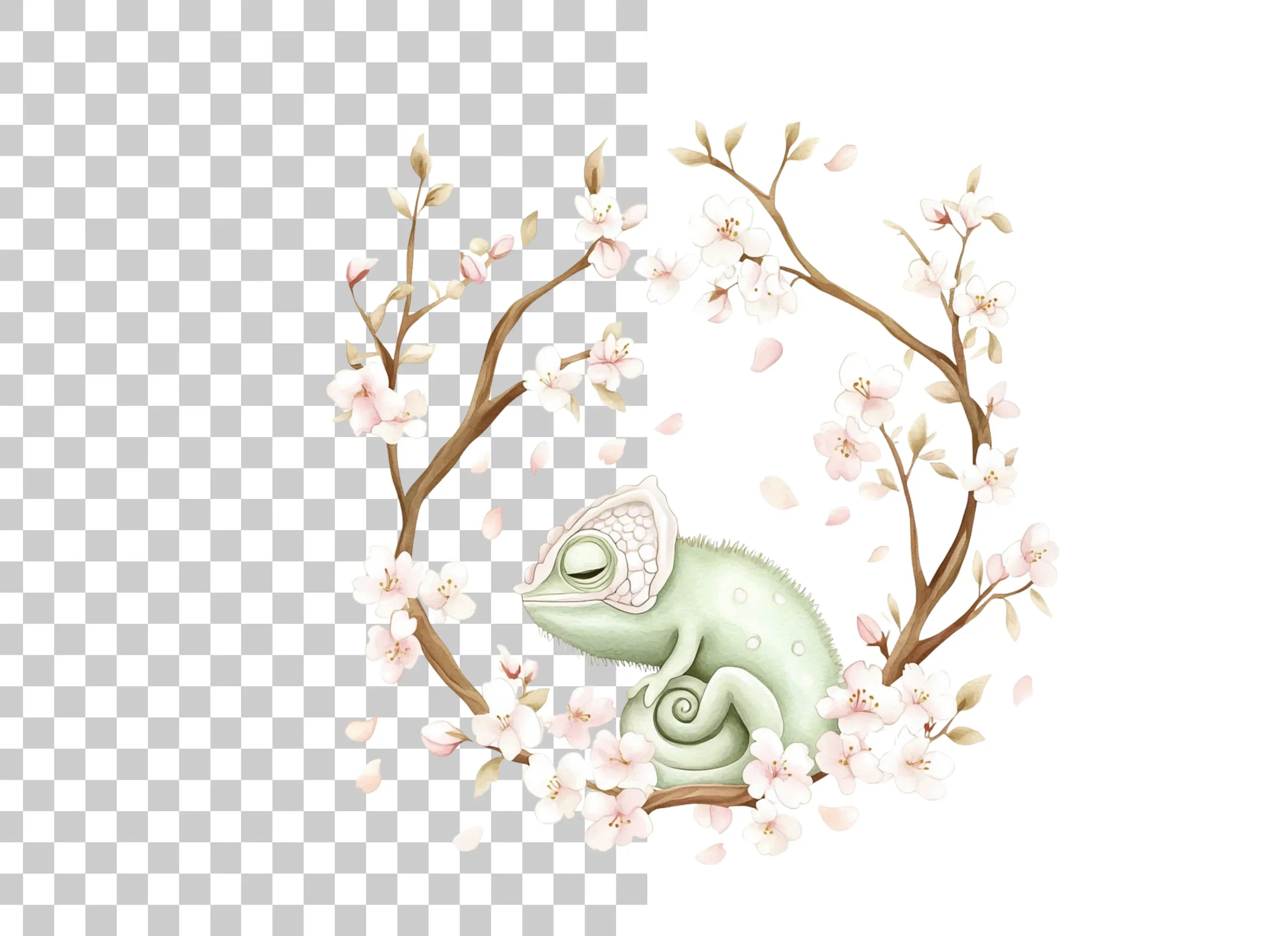 Sleeping Chameleon Cherry Blossom Clipart Bundle