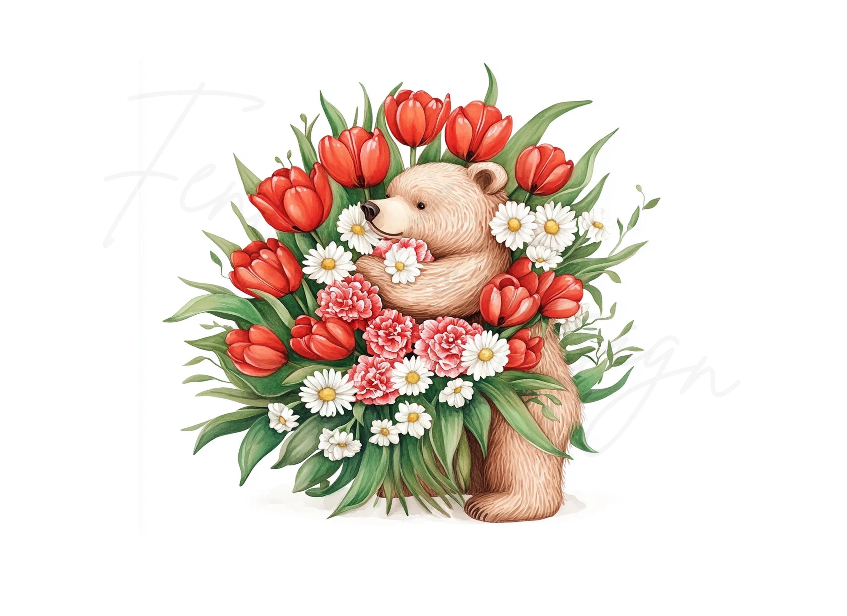 Cute Bear with Flower Bouquet Clipart Bundle