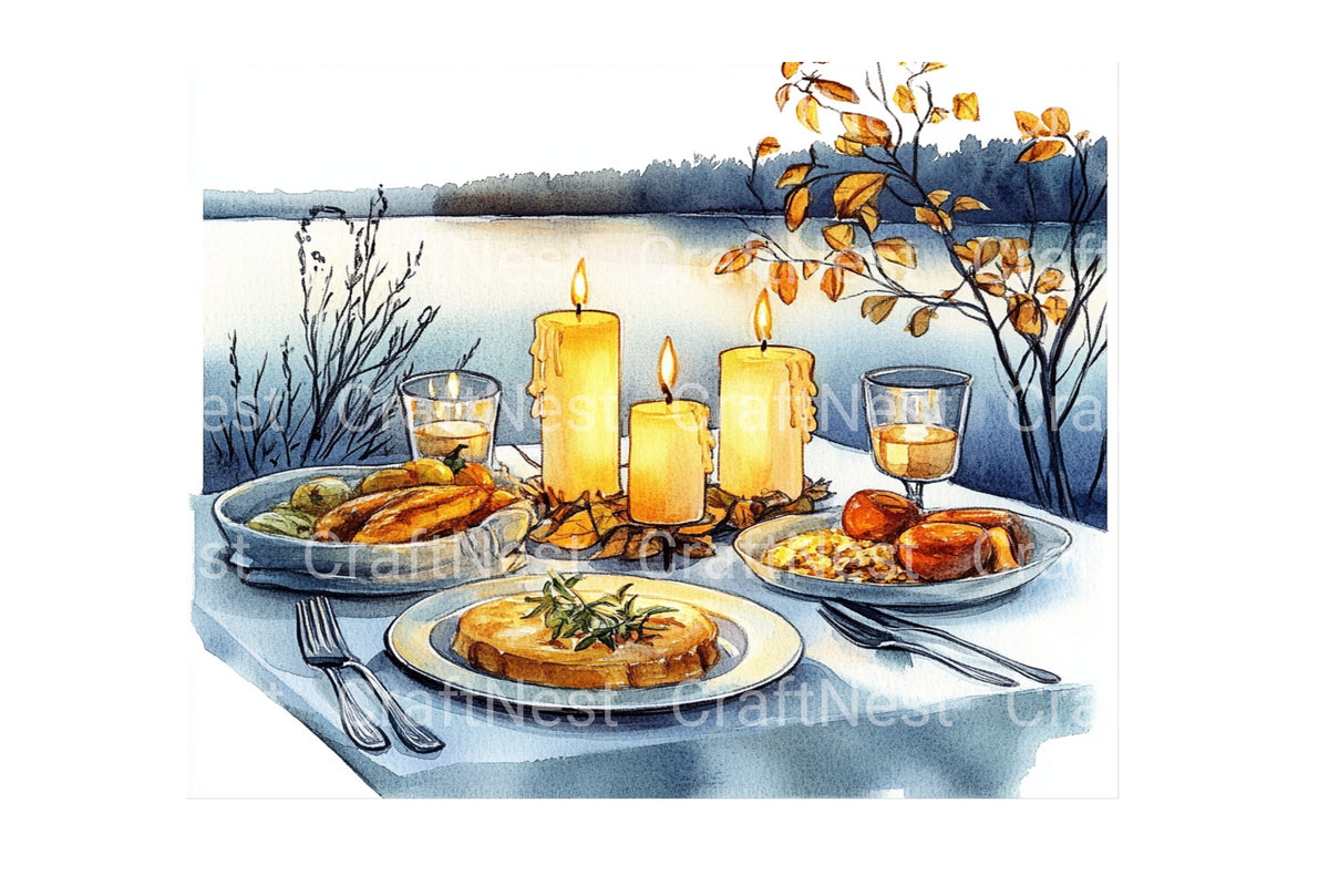 Cozy Autumn Dinner Table Setting Clipart Bundle