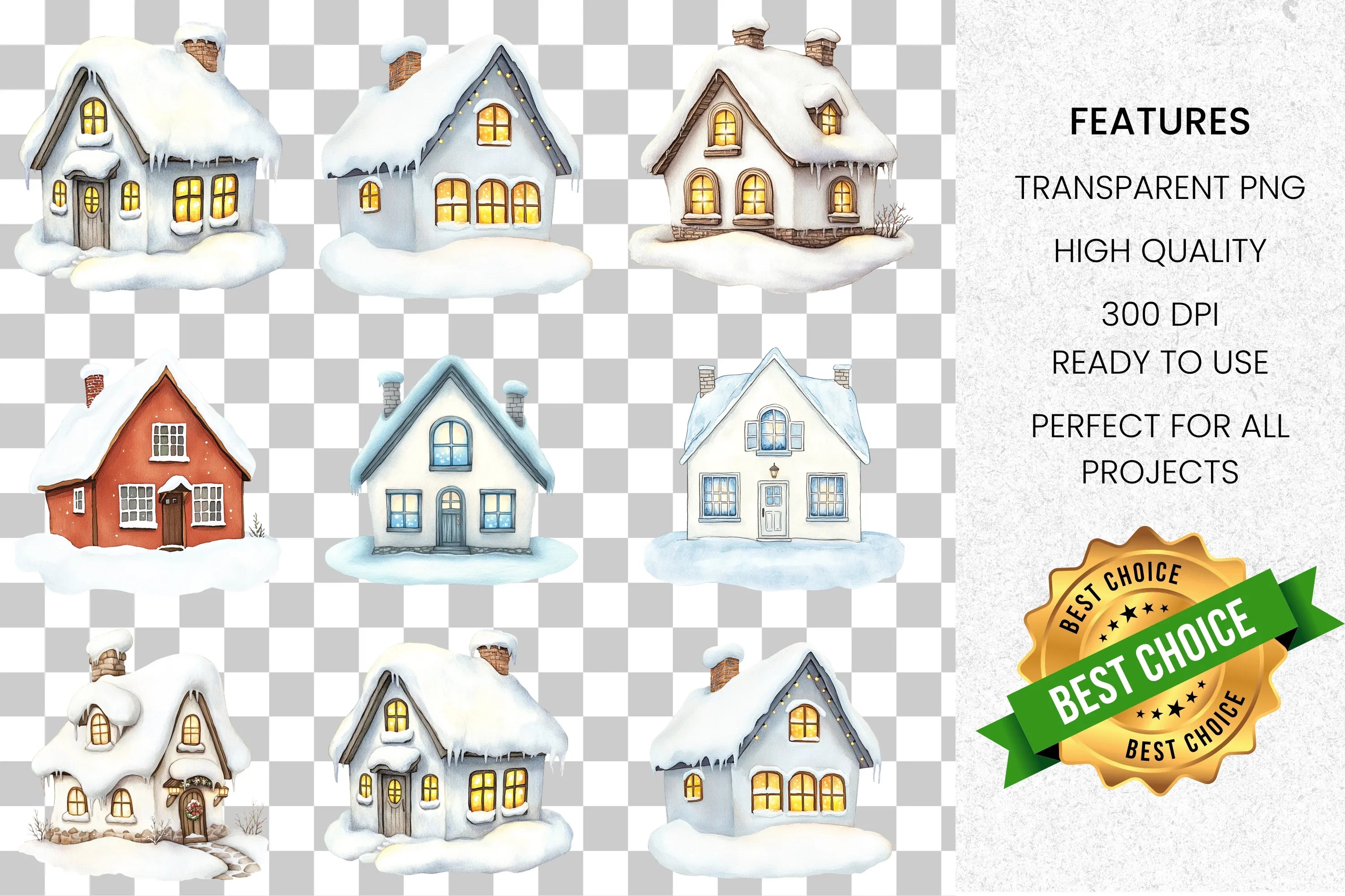 Cozy Winter Houses Cottages Clipart Bundle