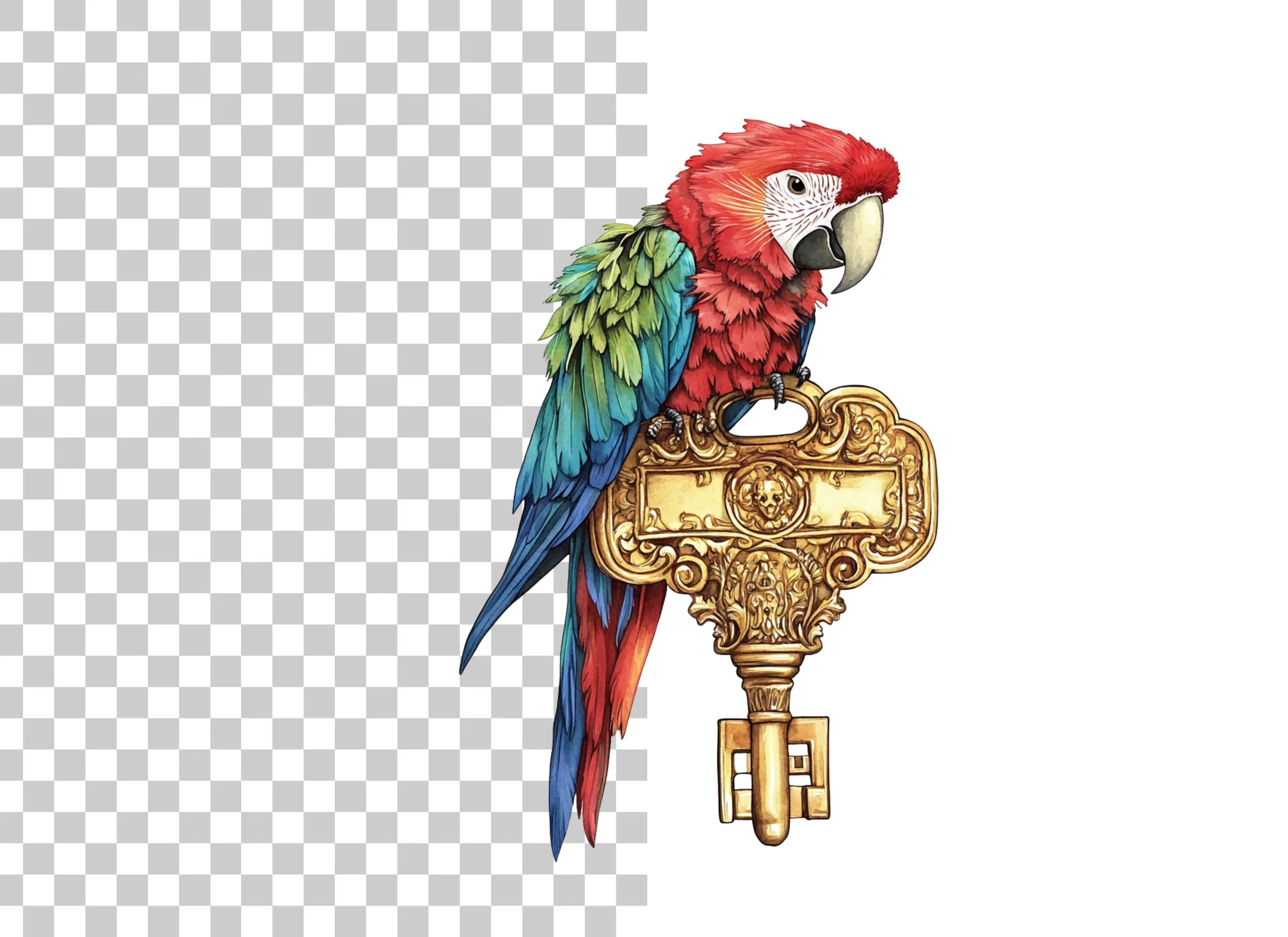 Macaw Parrots on Vintage Golden Keys Clipart Bundle