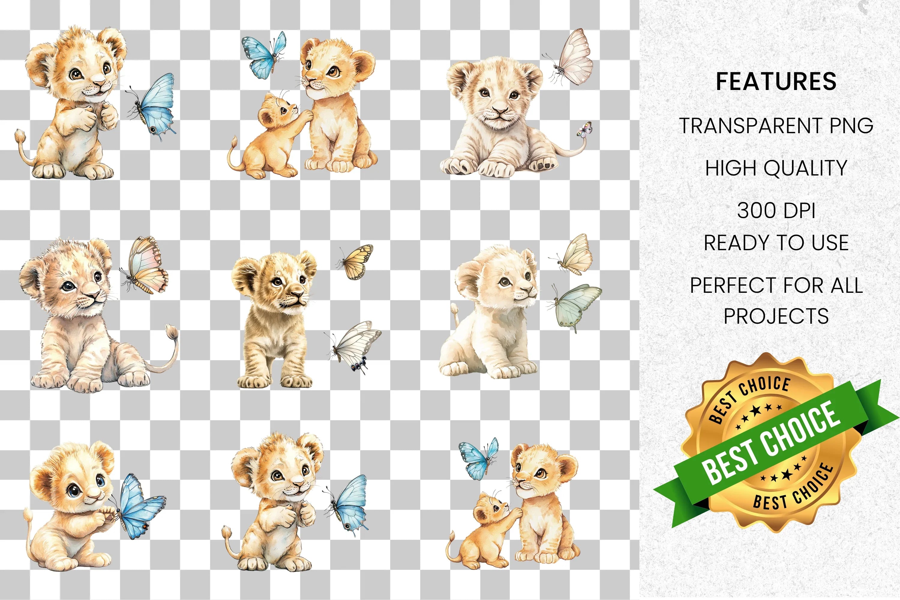 Adorable Lion Cub Butterfly Clipart Bundle