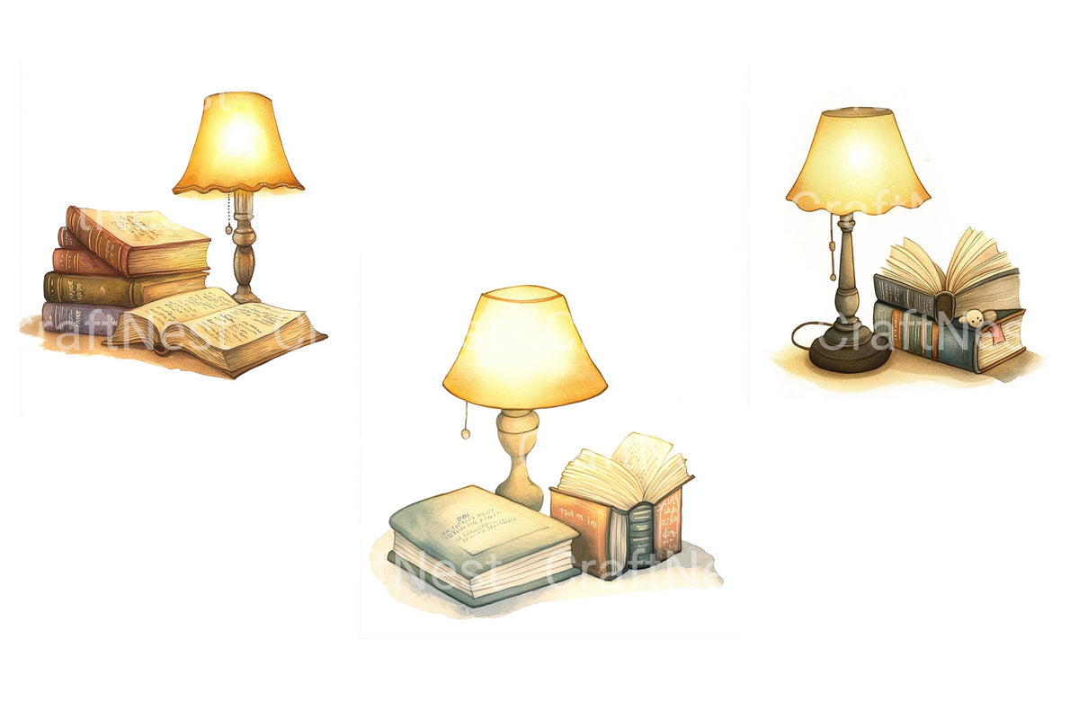Vintage Books And Lamp Watercolor Clipart Planner