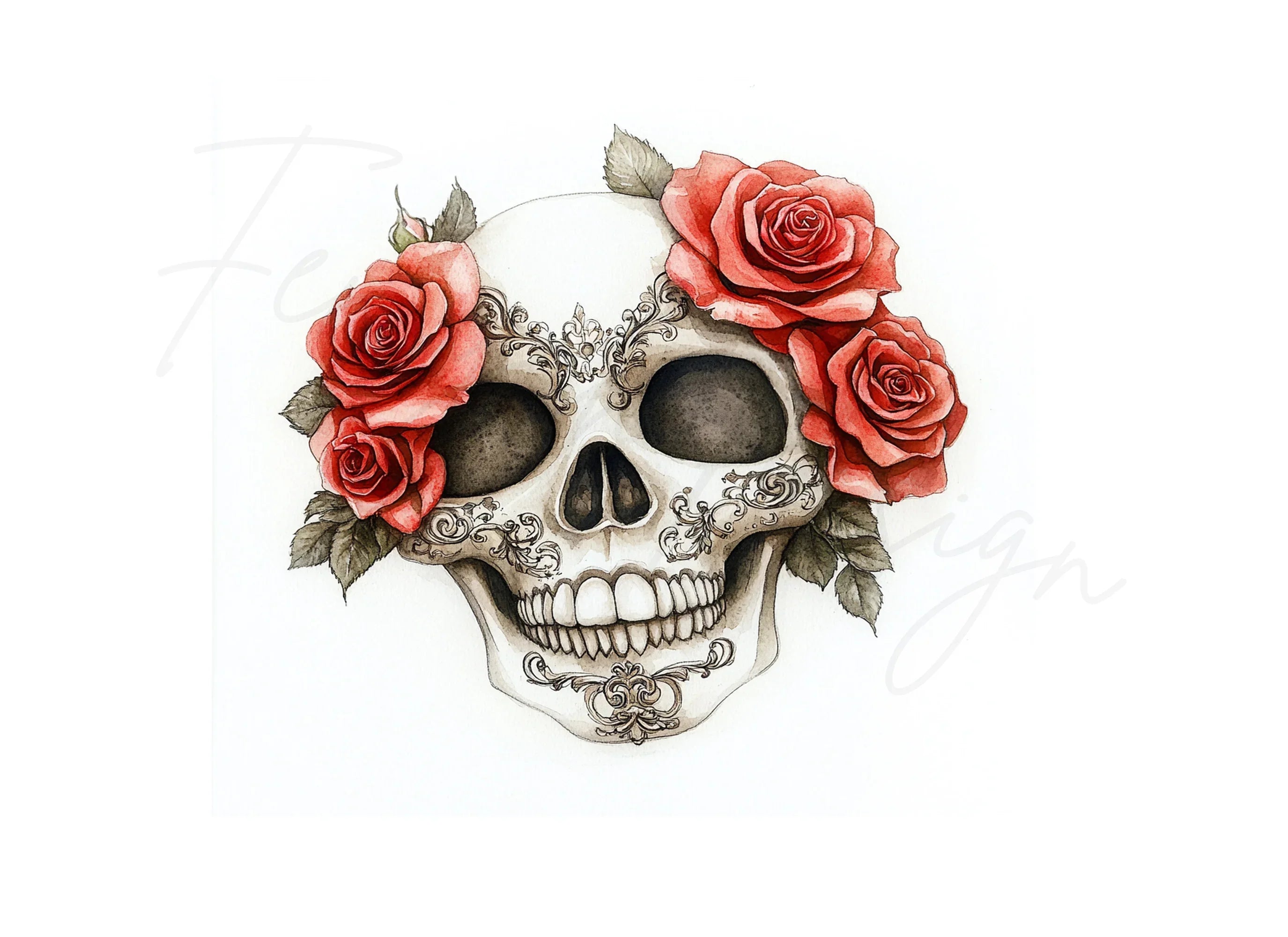 Red Roses Sugar Skull Clipart Bundle
