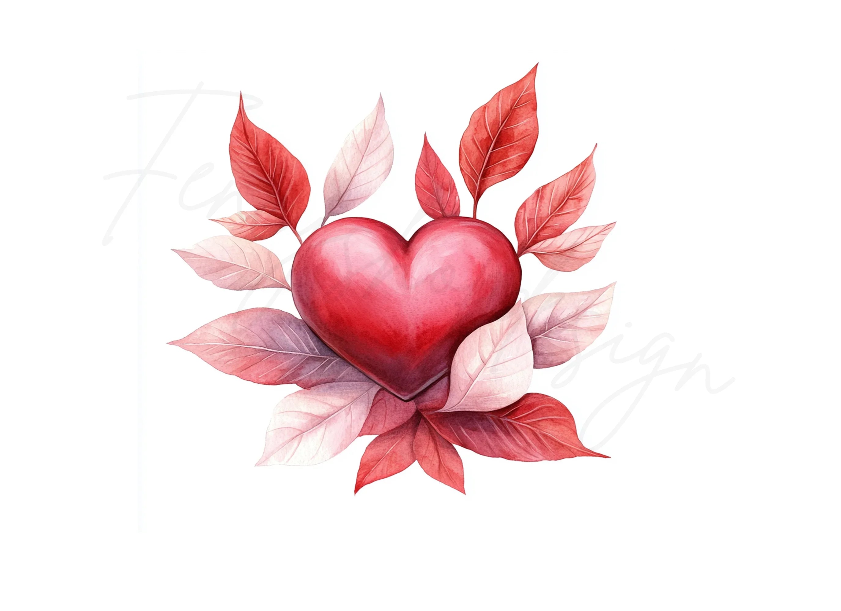 Red Heart with Leaves Clipart Bundle