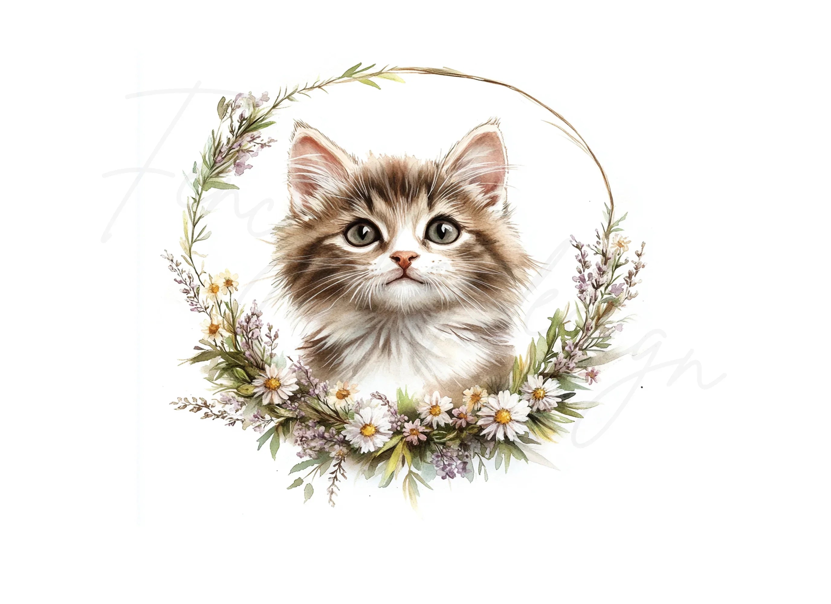 Kitten in Floral Wreath Clipart Bundle