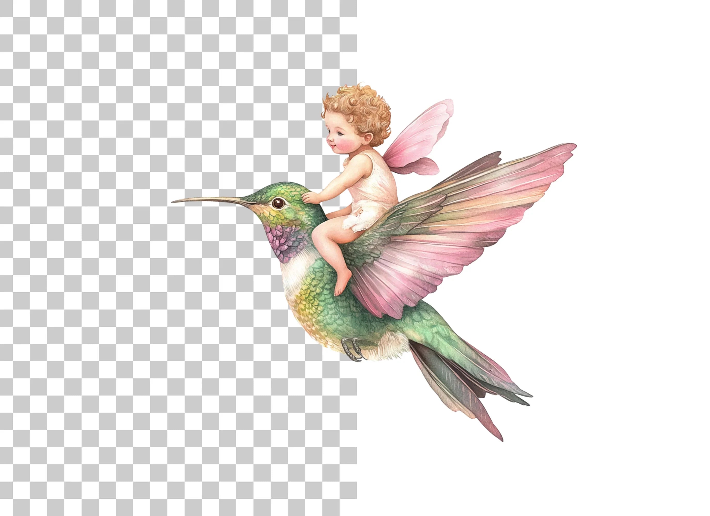 Adorable Cupid Riding Hummingbird Clipart Bundle
