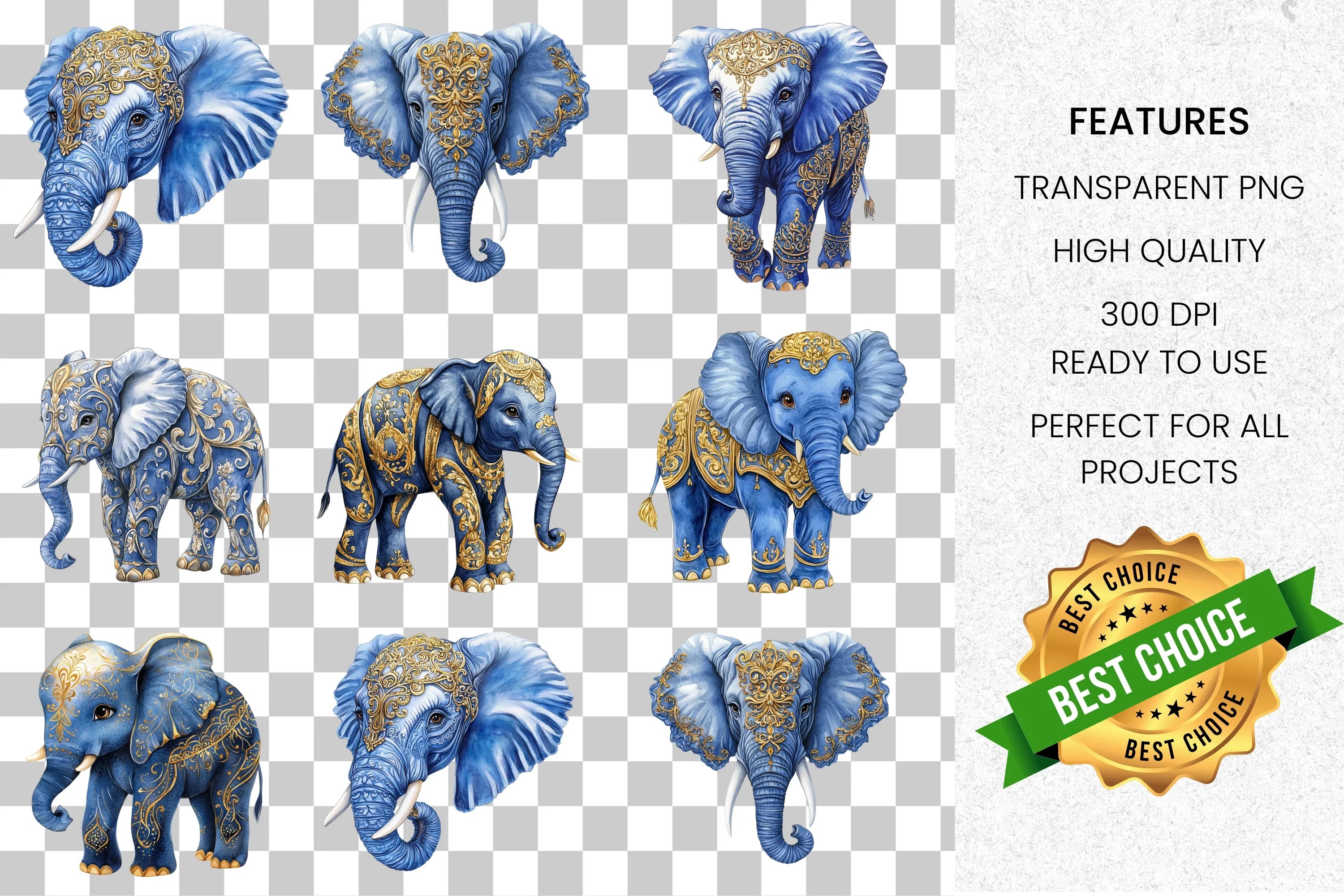 Majestic Blue Gold Elephant Clipart Bundle