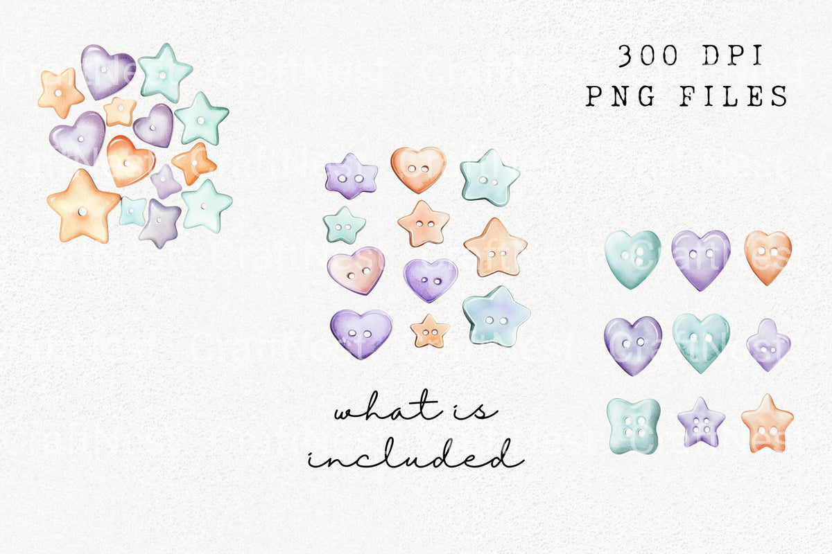 Pastel Heart Star Buttons Clipart Bundle