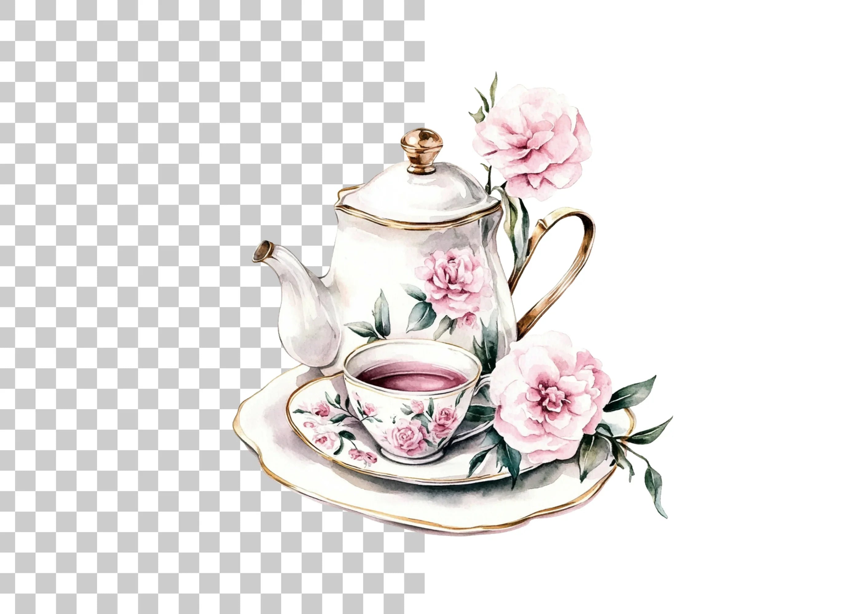 Elegant Floral Teapot and Teacup Clipart Bundle