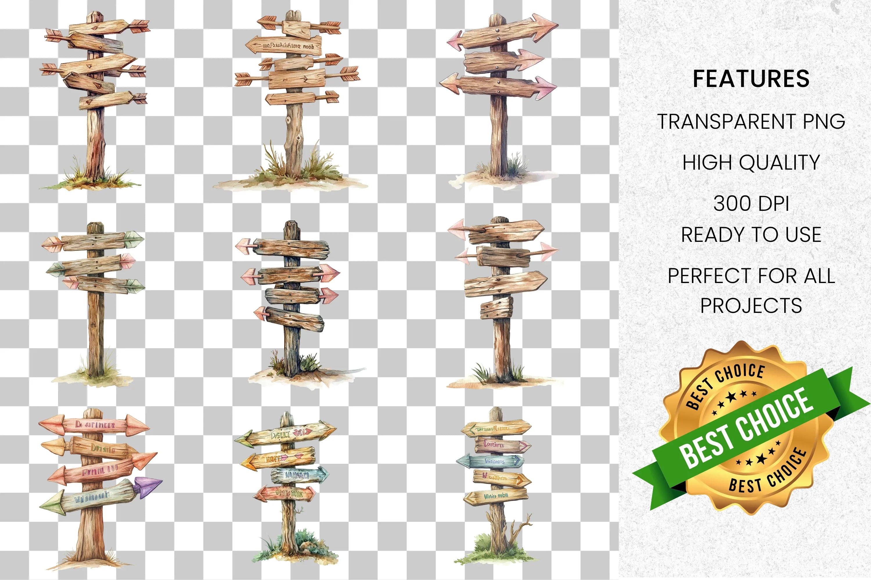 Wooden Direction Signs Clipart Bundle