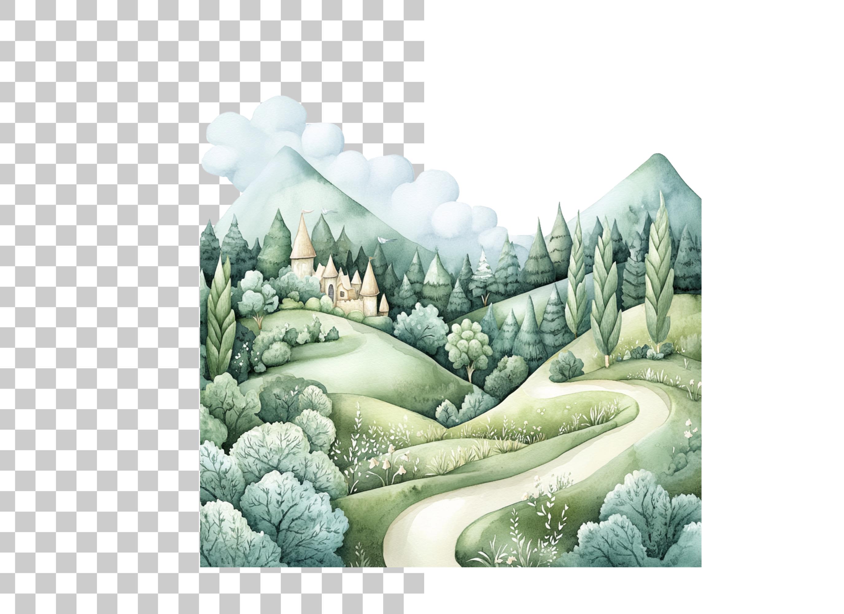 Green Hills and Castle Landscape Clipart Bundle