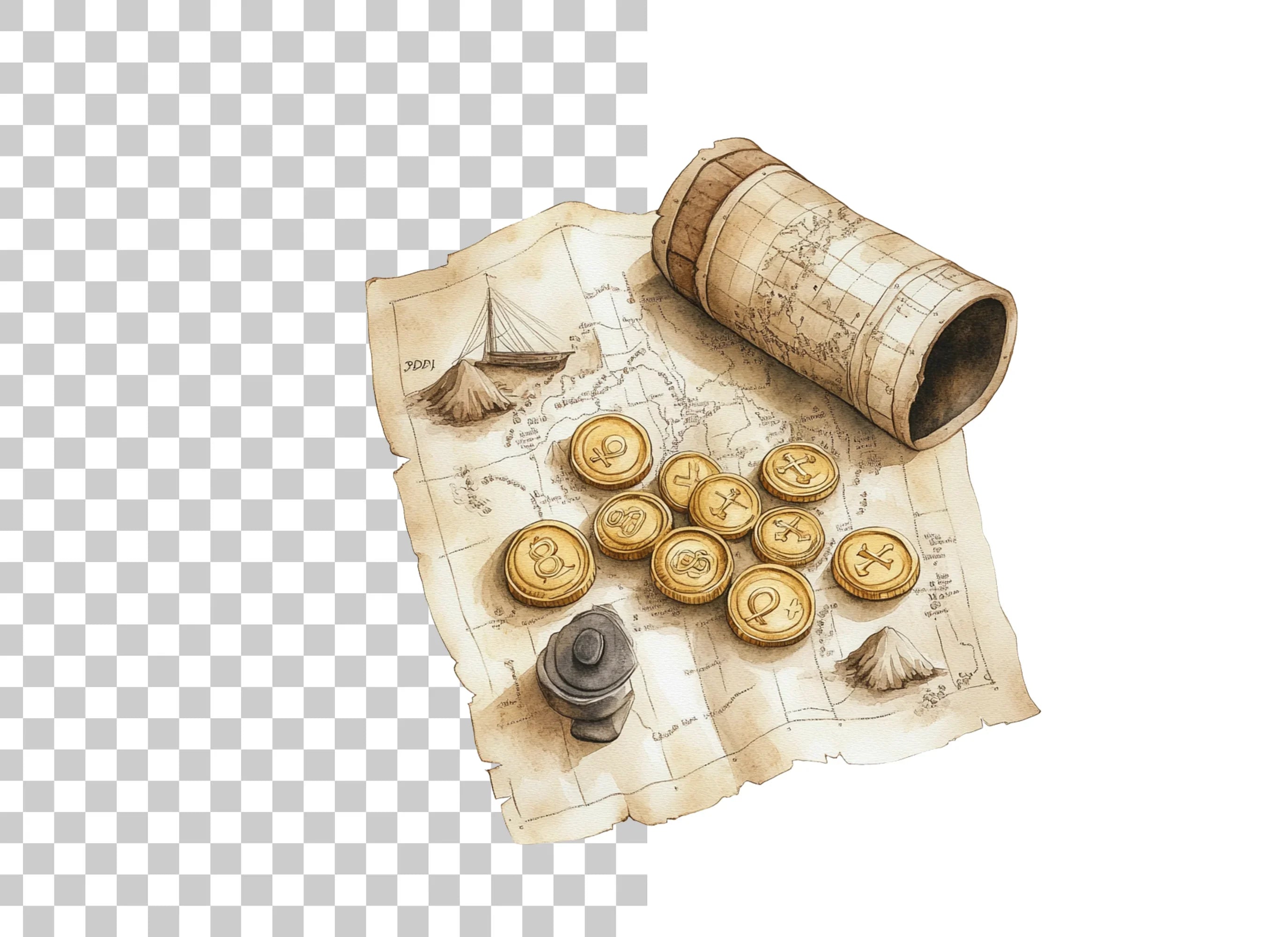 Rolled Map and Coins Clipart Bundle
