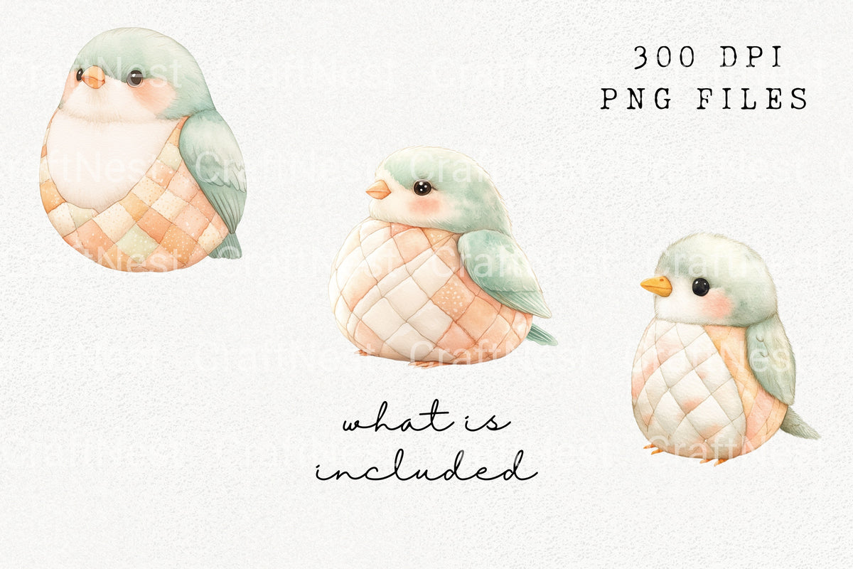 Quilted Pastel Bird Clipart Bundle