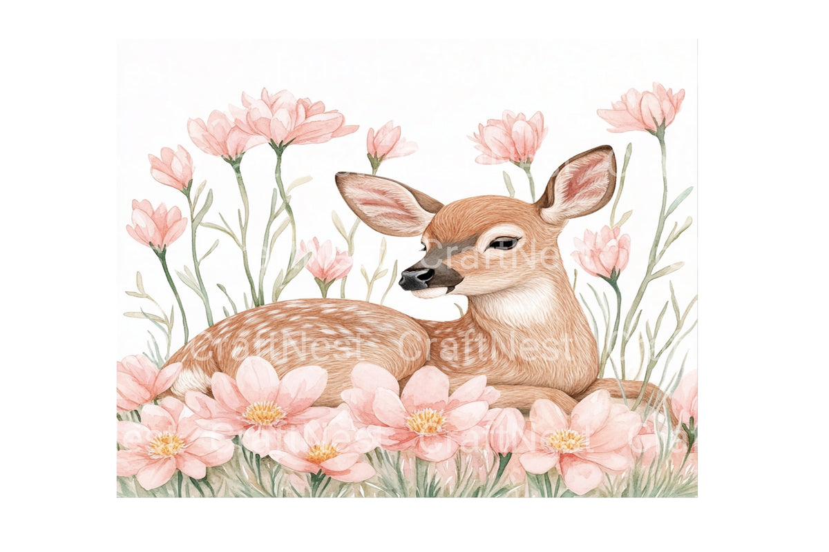 Baby Deer In Pink Flowers Clipart Bundle
