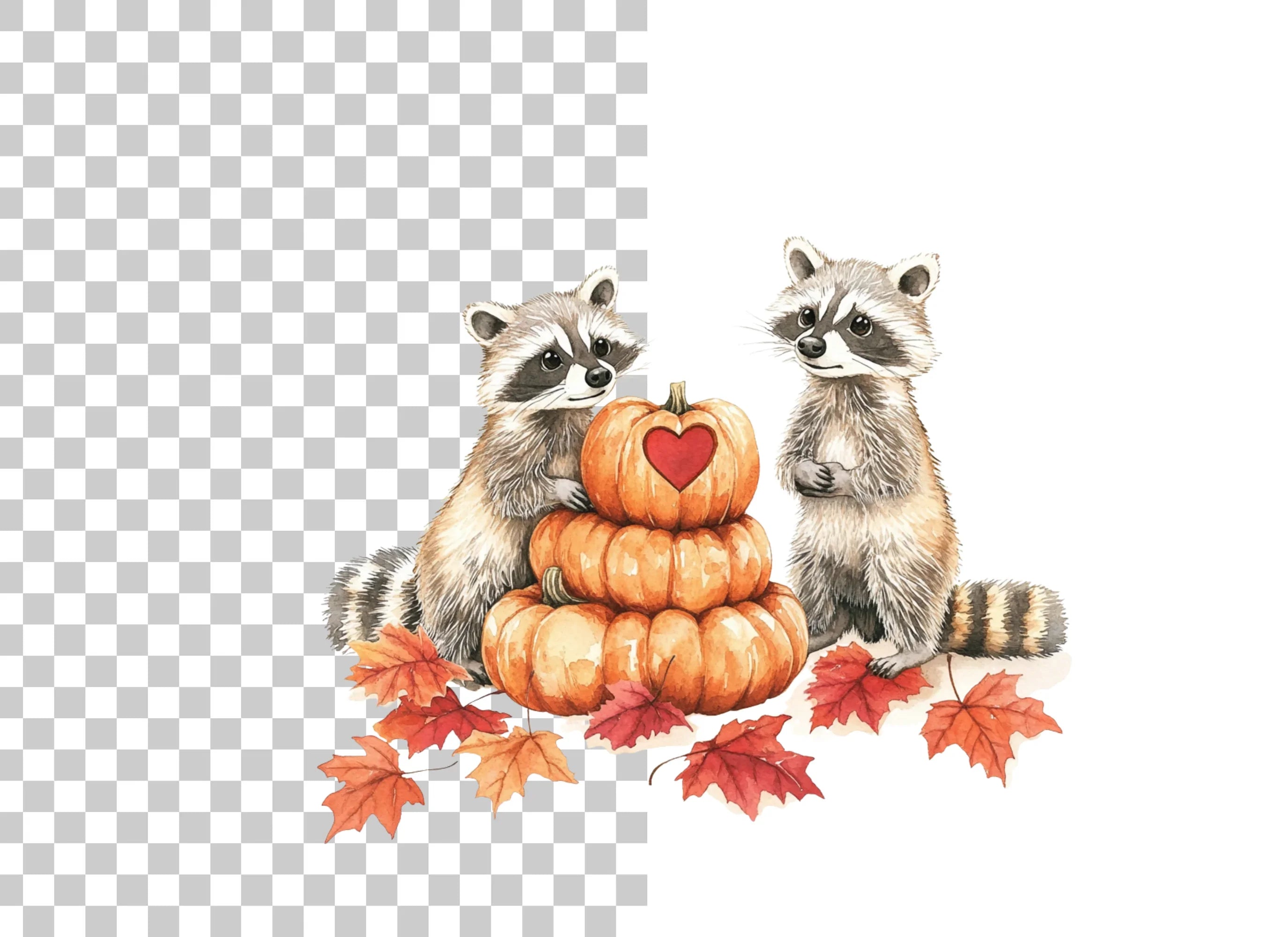 Autumn Raccoons with Pumpkin Clipart Bundle