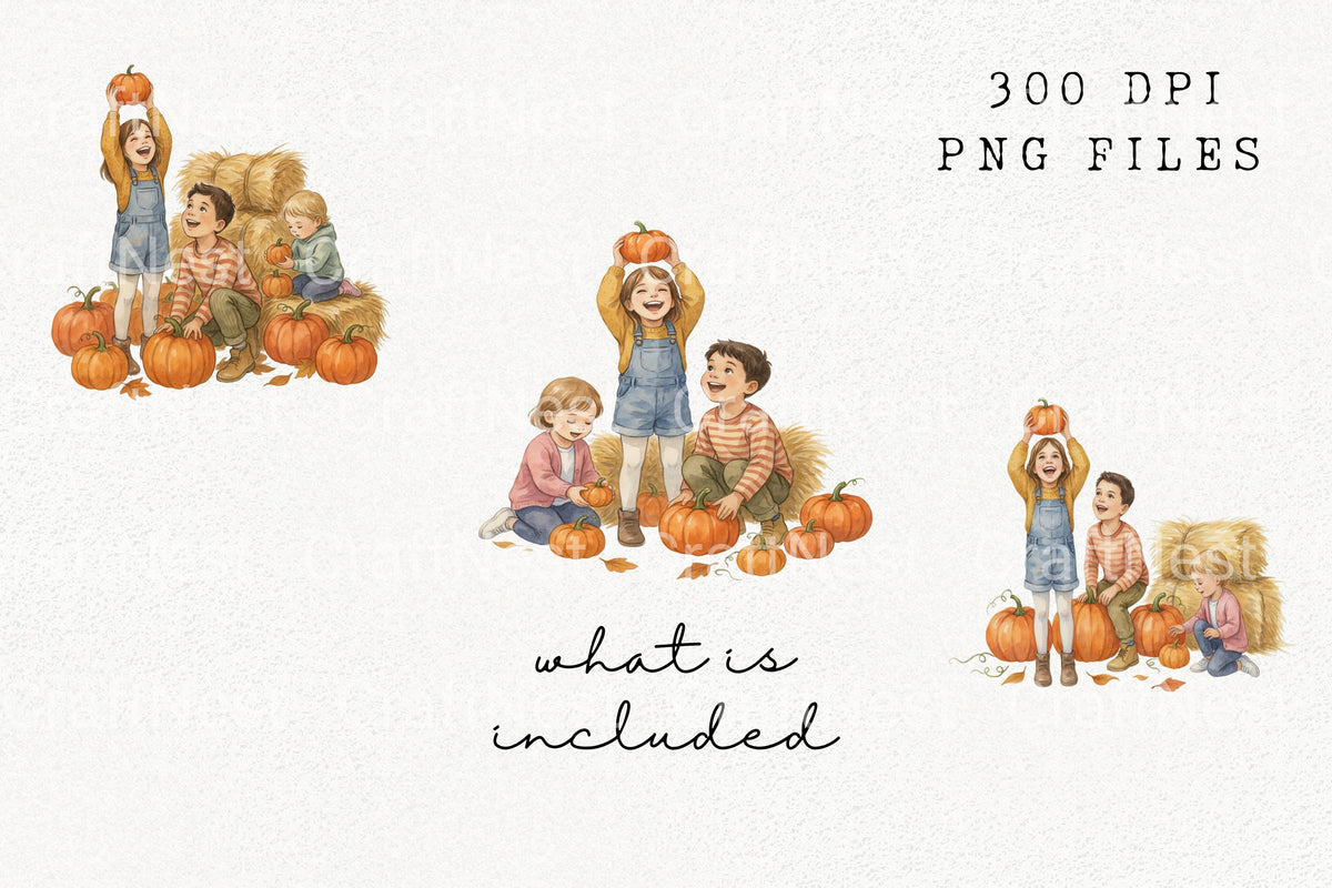 Kids Playing With Pumpkins Graphics Clipart Bundle