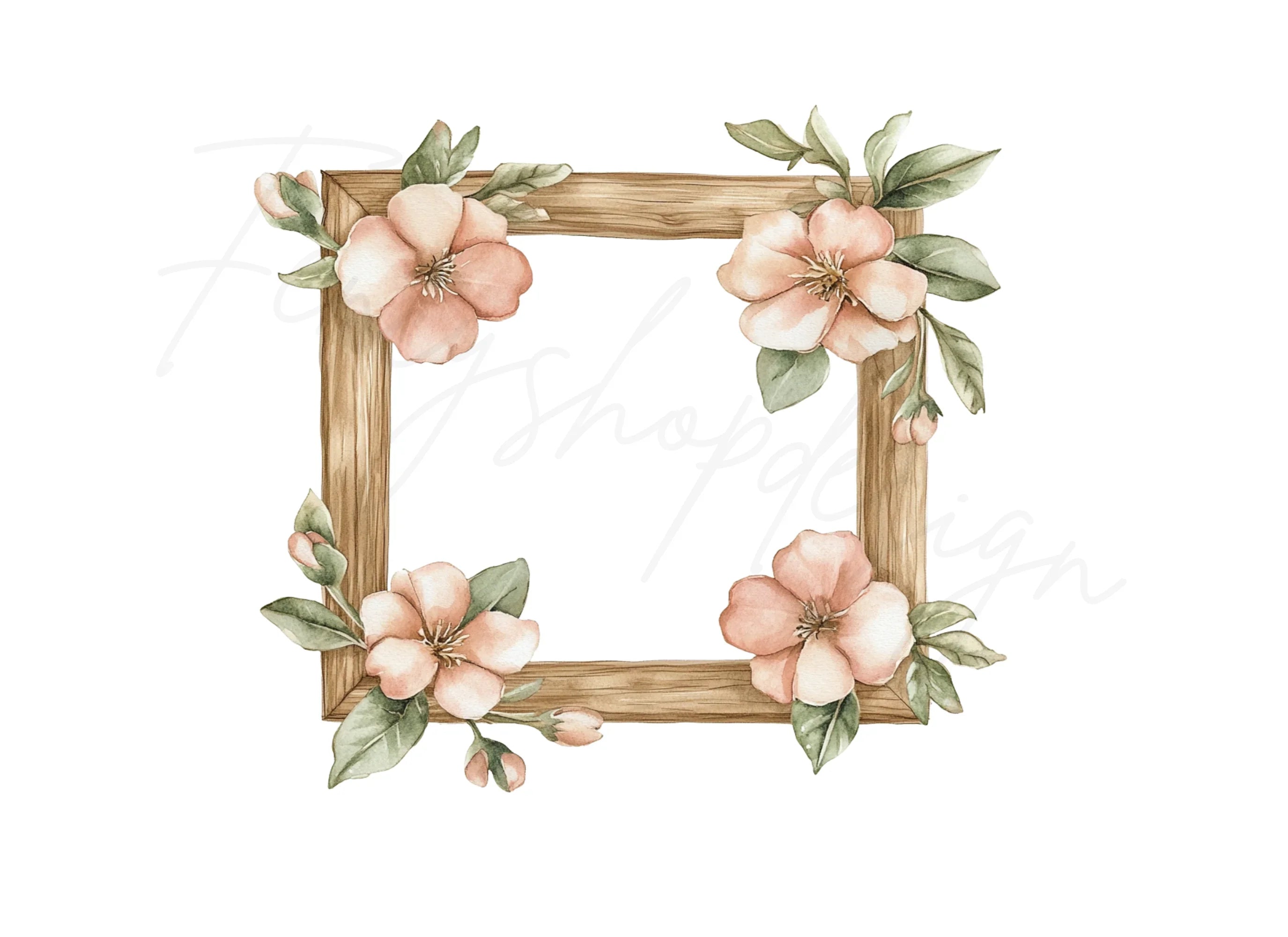 Rustic Wood Frame with Flowers Clipart Bundle