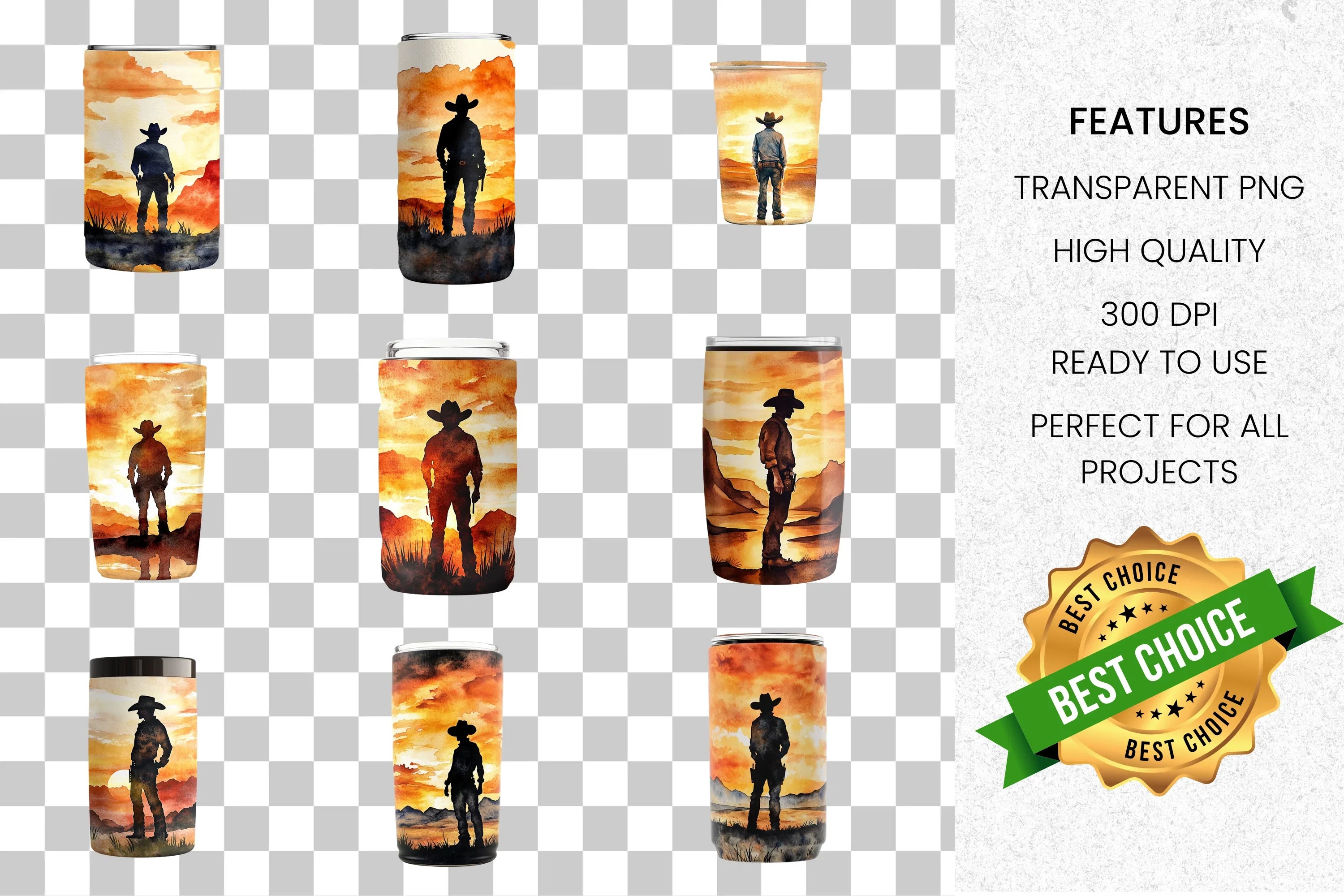 Cowboy Sunset Silhouette Tumbler Clipart Bundle