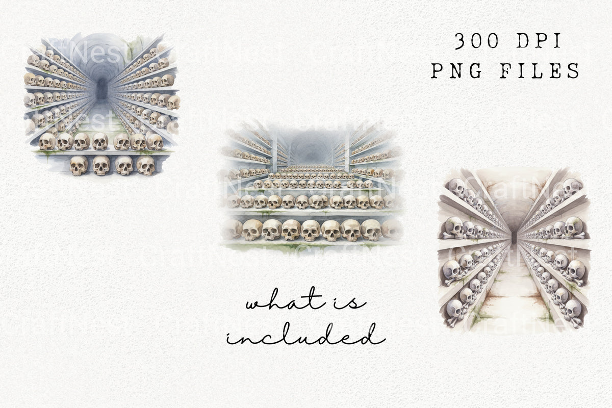 Haunting Skull Lined Catacomb Hall Clipart Bundle